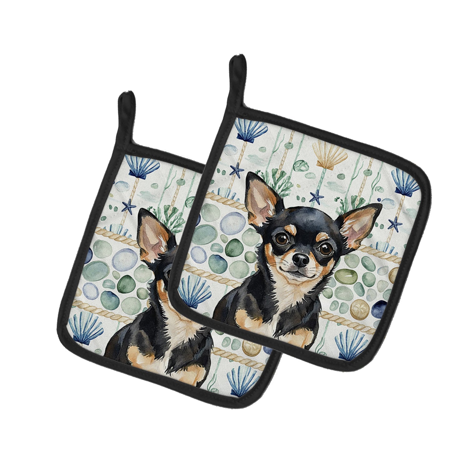 Caroline's Treasures Black and Tan Chihuahua Coastal Sea Glass Pair of Pot Holders