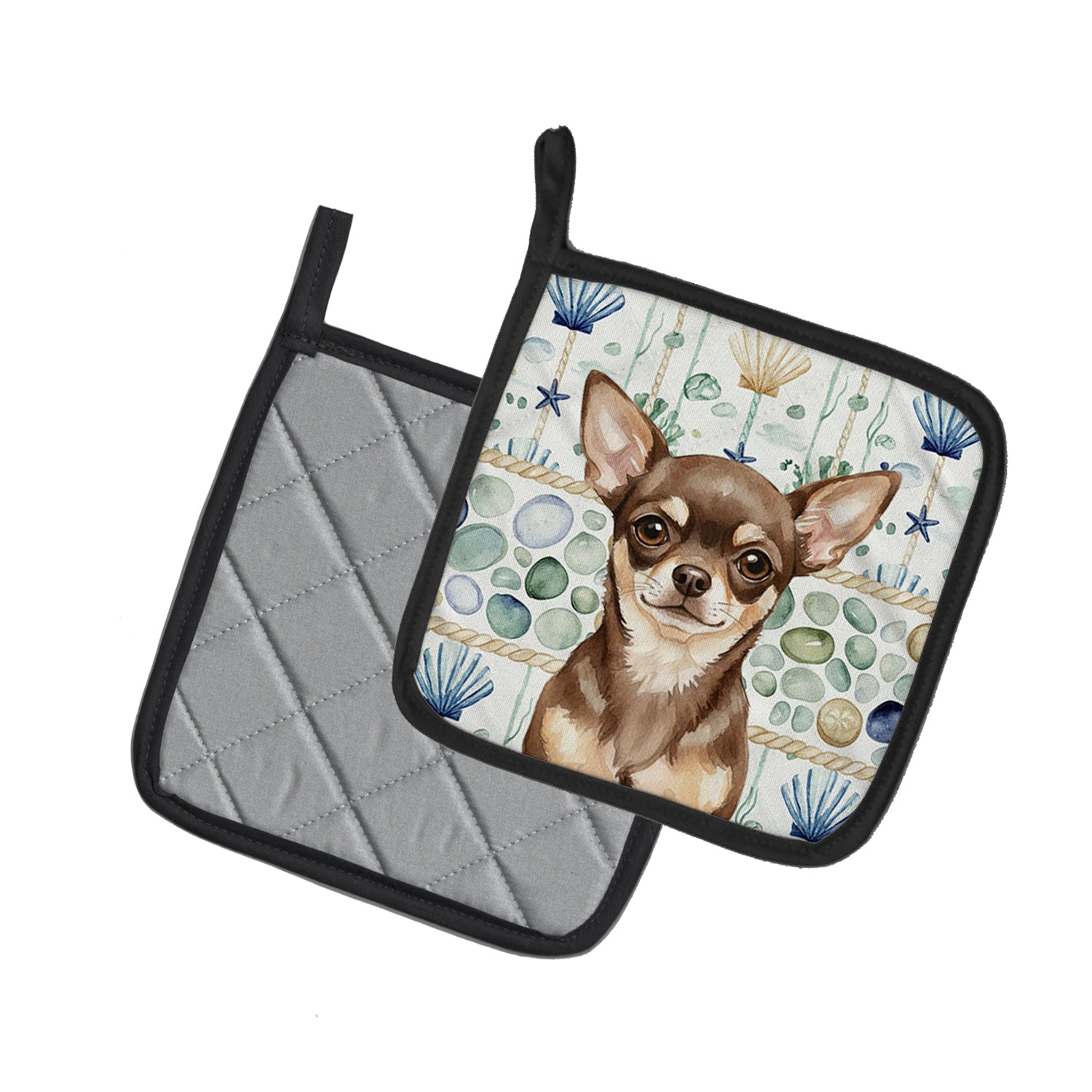 Caroline's Treasures Chocolate Chihuahua Coastal Sea Glass Pair of Pot Holders