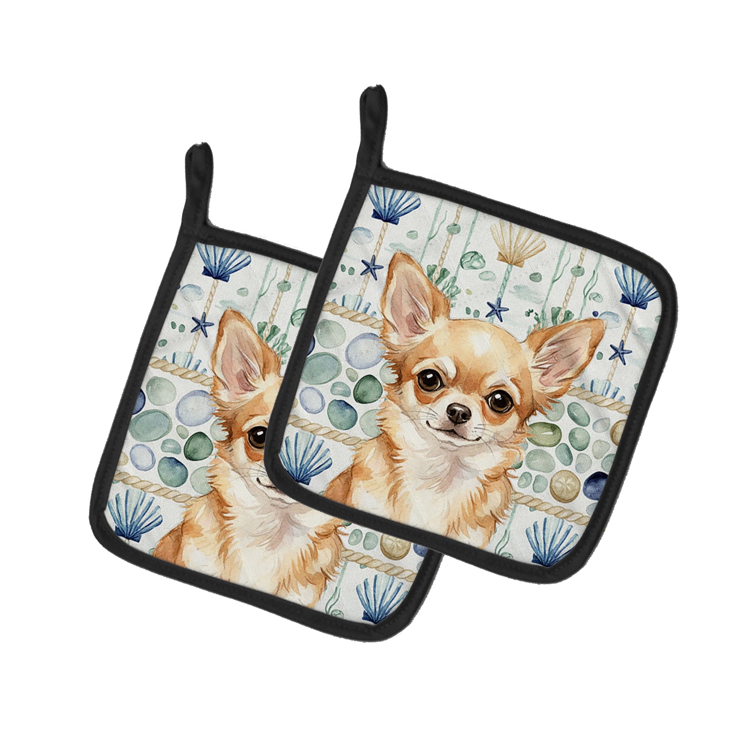 Caroline's Treasures Fawn Chihuahua Coastal Sea Glass Pair of Pot Holders