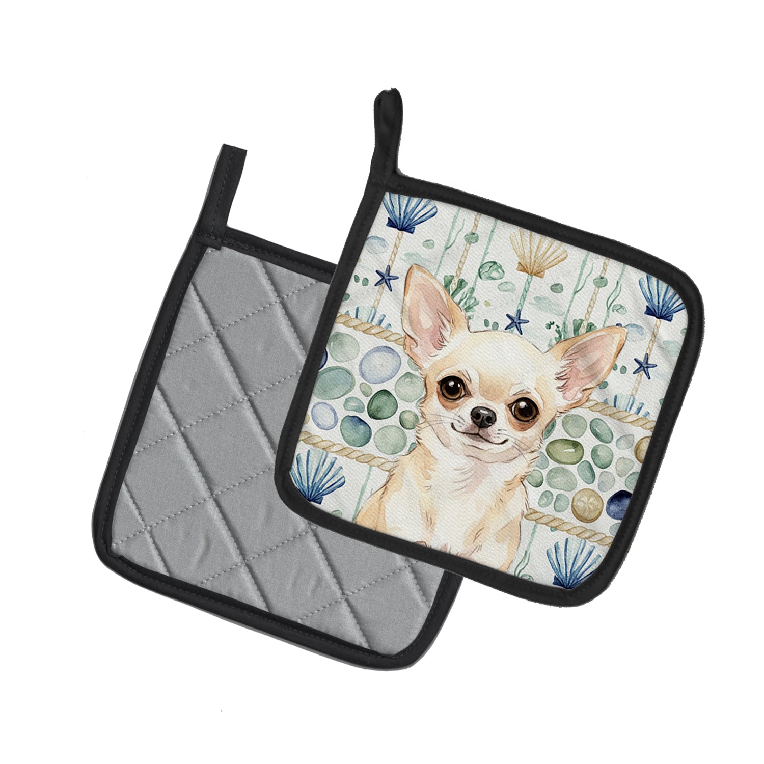 Caroline's Treasures Cream Chihuahua Coastal Sea Glass Pair of Pot Holders