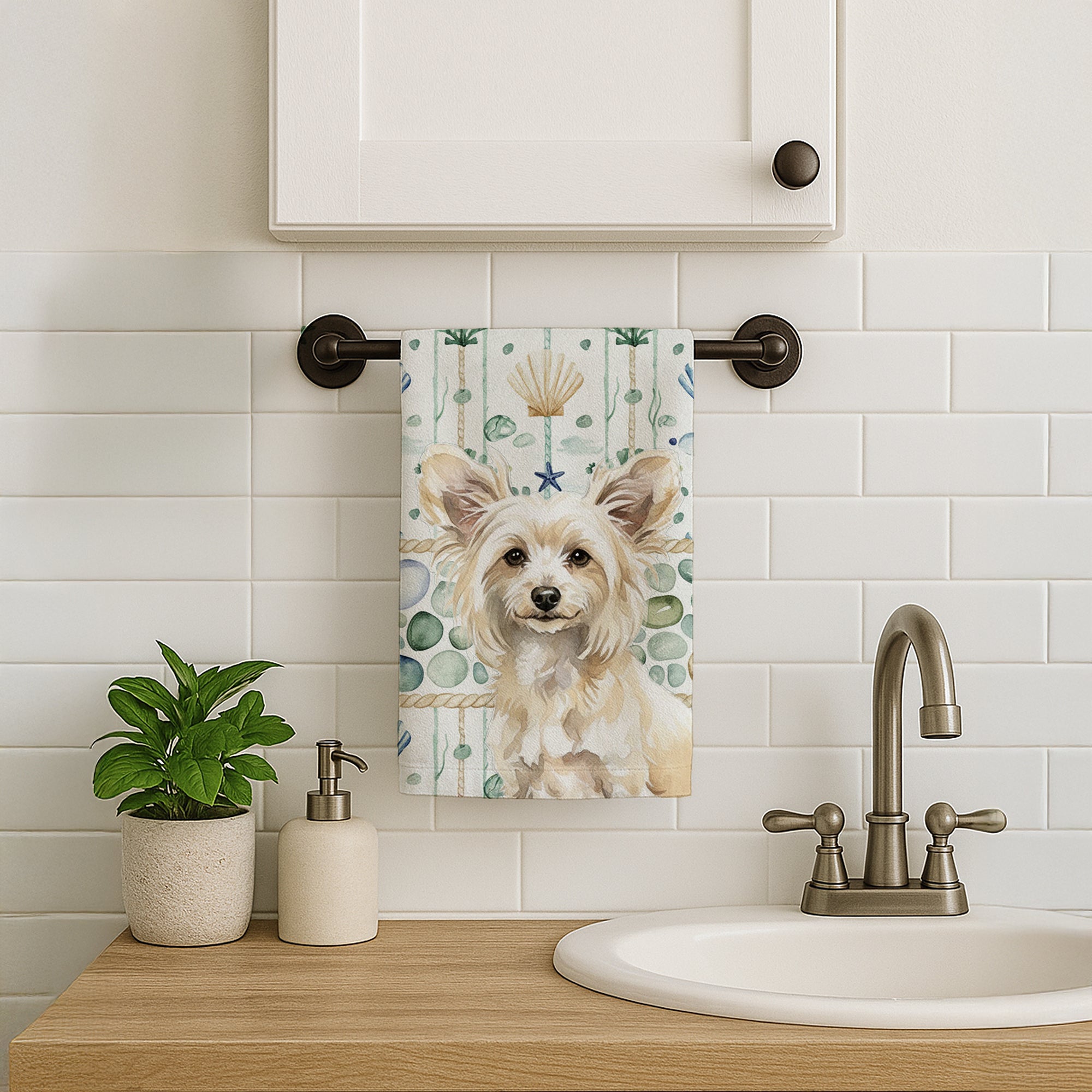 Caroline's Treasures Powderpuff Chinese Crested Coastal Sea Glass Kitchen Towel