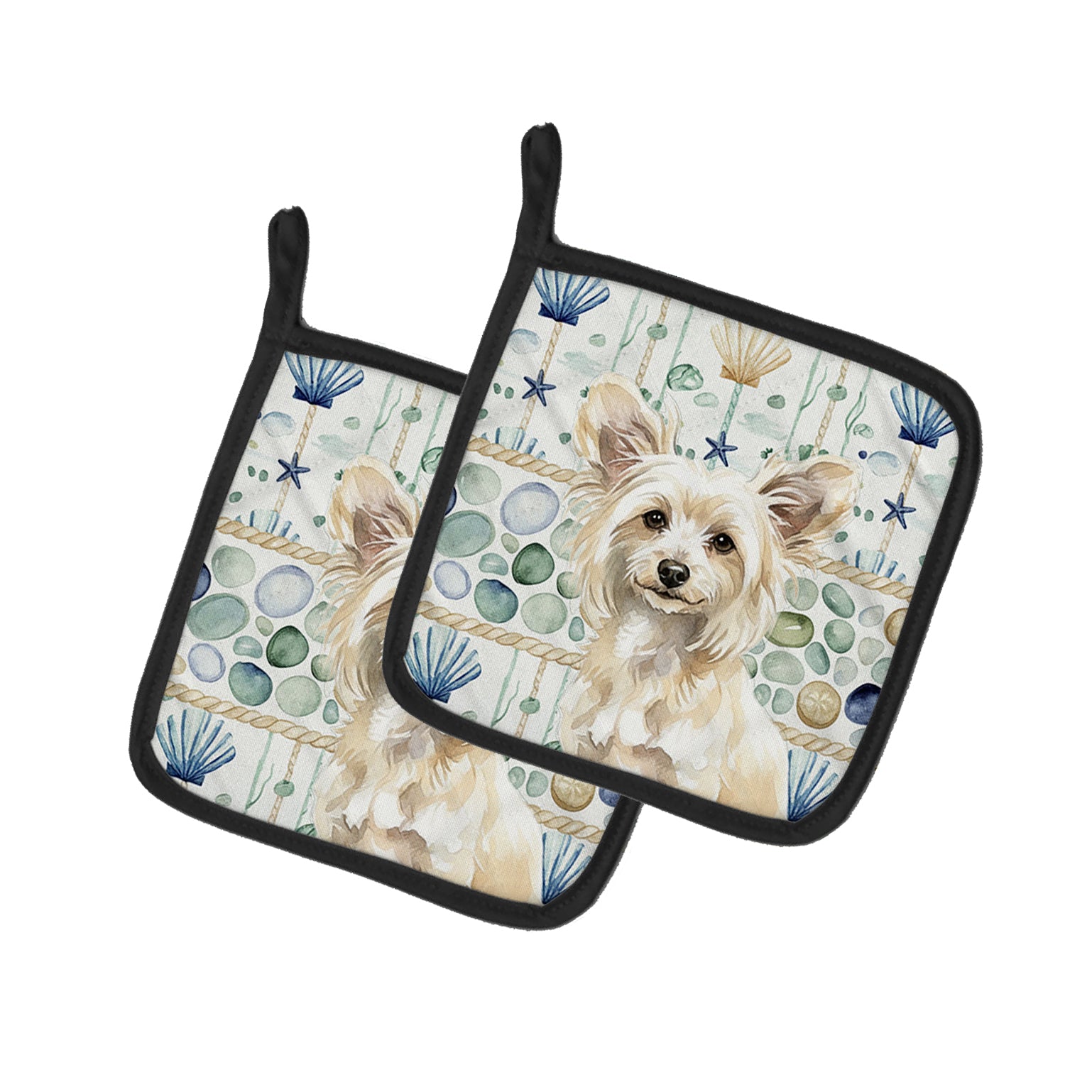 Caroline's Treasures Powderpuff Chinese Crested Coastal Sea Glass Pair of Pot Holders