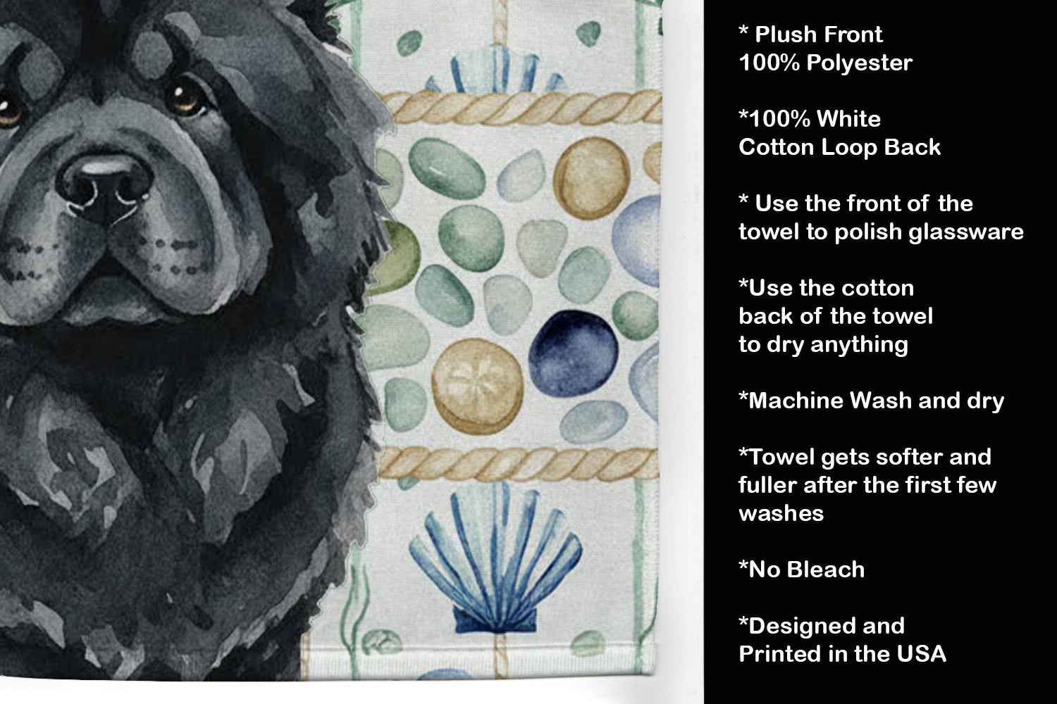 Caroline's Treasures Black Chow Chow Coastal Sea Glass Kitchen Towel