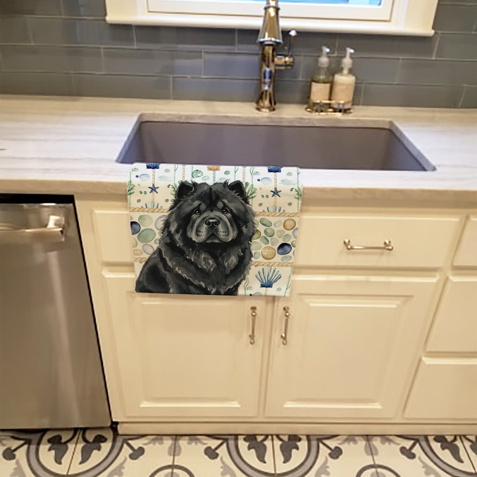 Caroline's Treasures Black Chow Chow Coastal Sea Glass Kitchen Towel