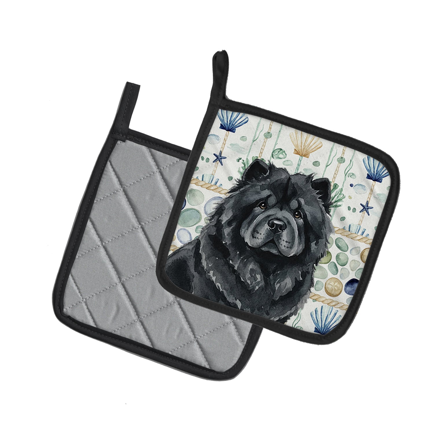 Caroline's Treasures Black Chow Chow Coastal Sea Glass Pair of Pot Holders