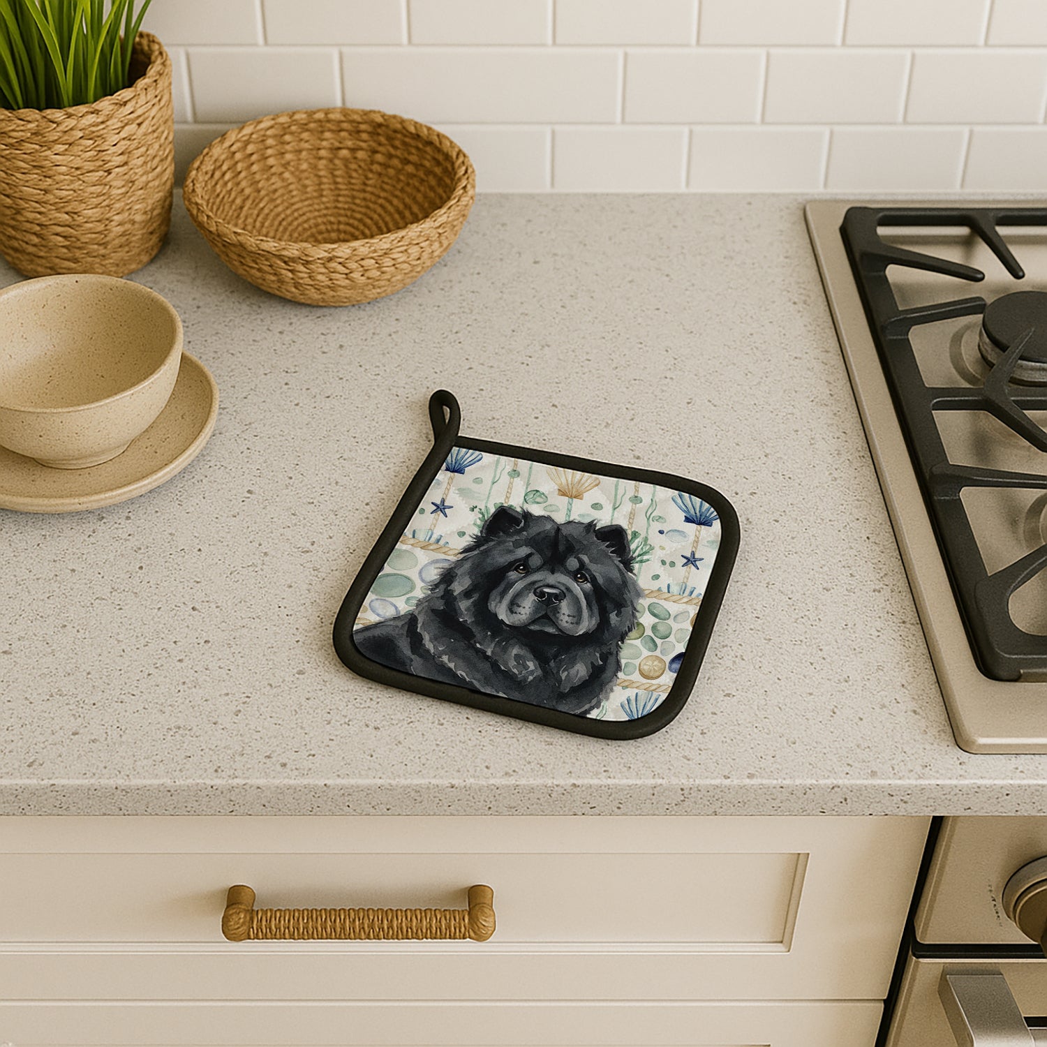 Caroline's Treasures Black Chow Chow Coastal Sea Glass Pair of Pot Holders