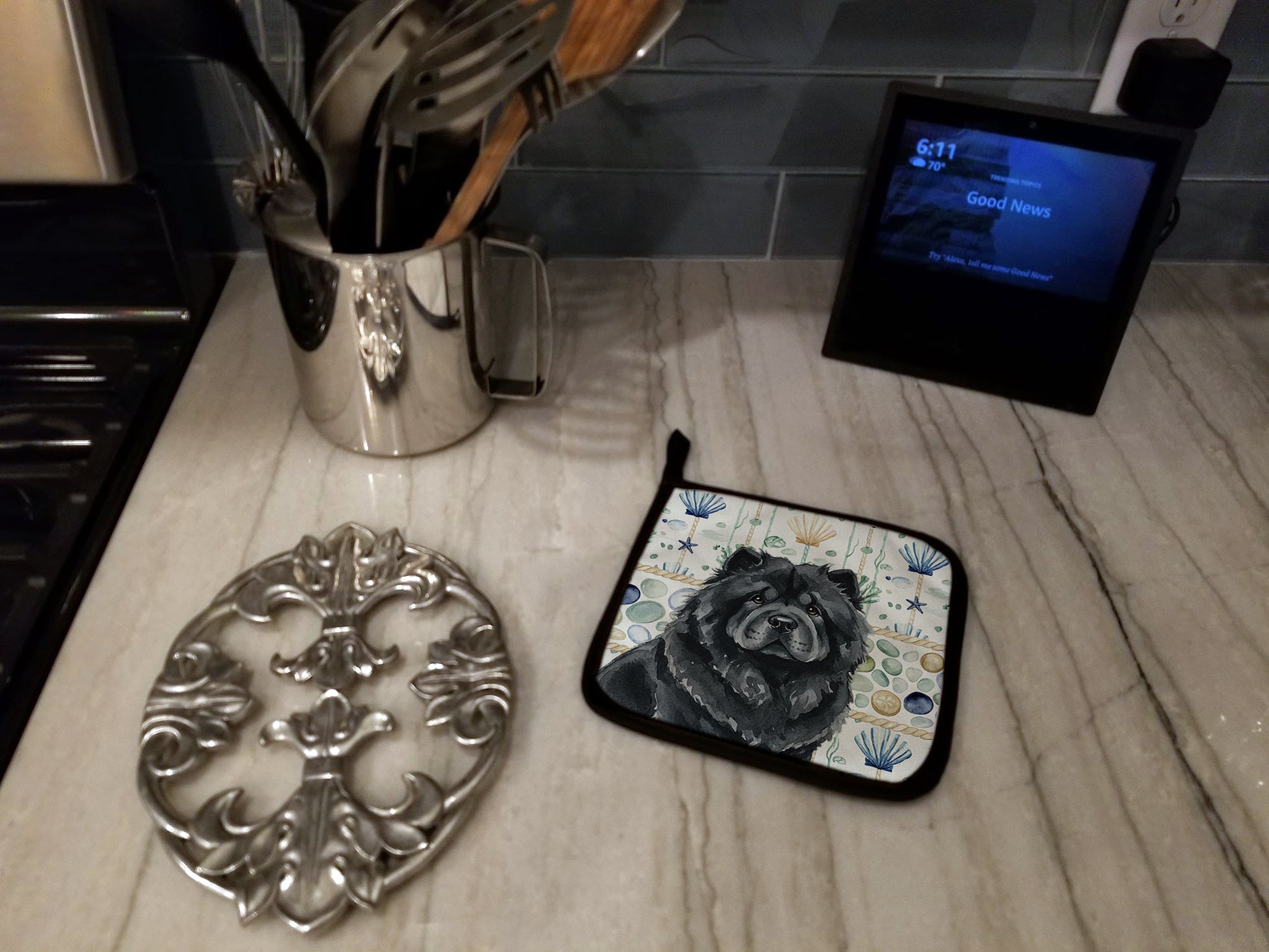 Caroline's Treasures Black Chow Chow Coastal Sea Glass Pair of Pot Holders