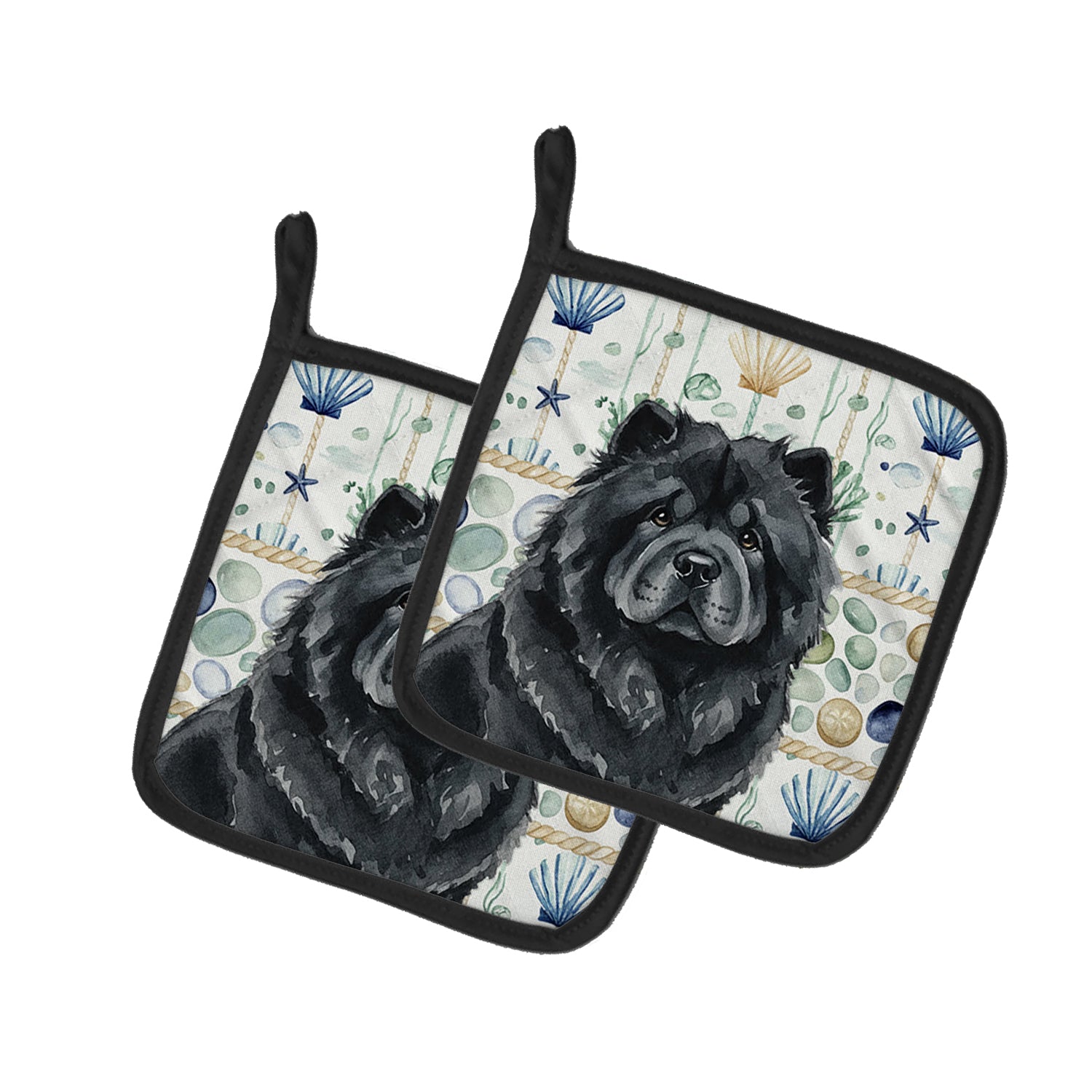 Caroline's Treasures Black Chow Chow Coastal Sea Glass Pair of Pot Holders