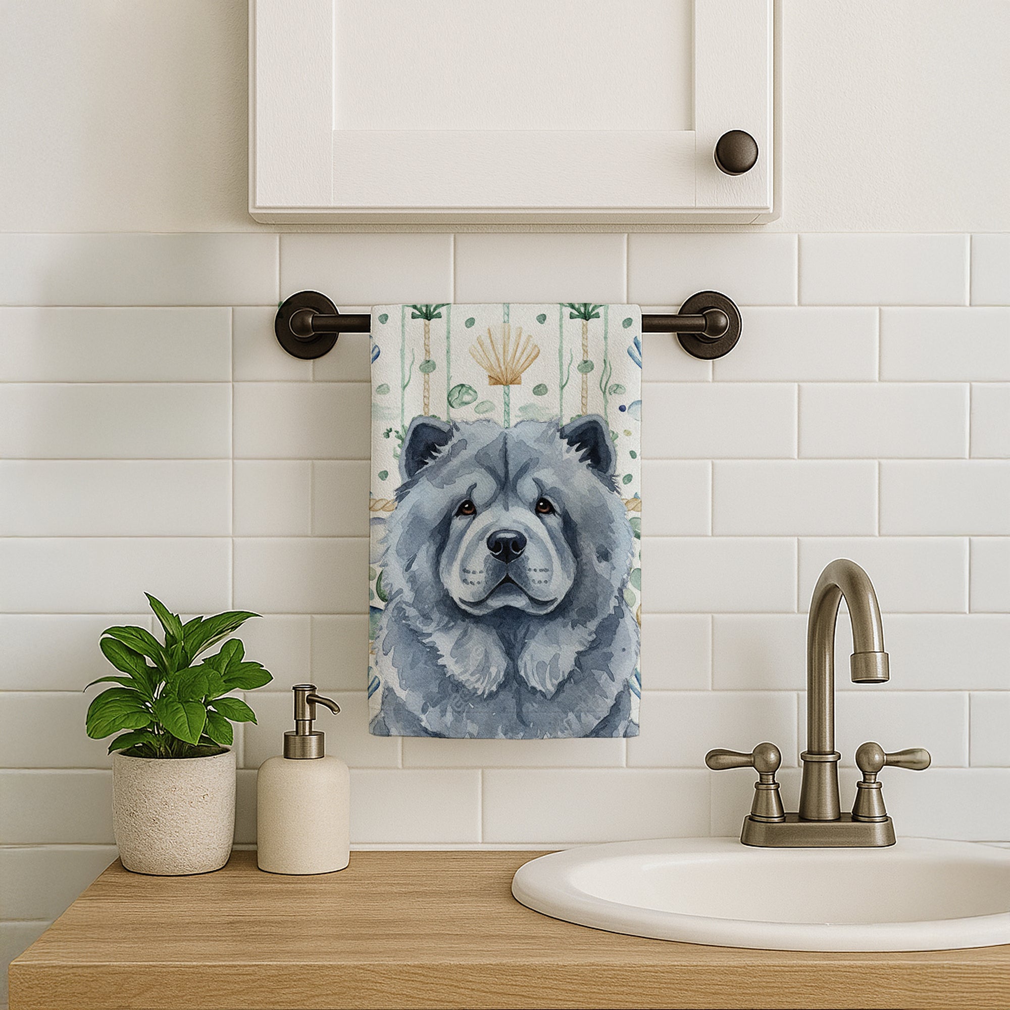 Caroline's Treasures Blue Chow Chow Coastal Sea Glass Kitchen Towel