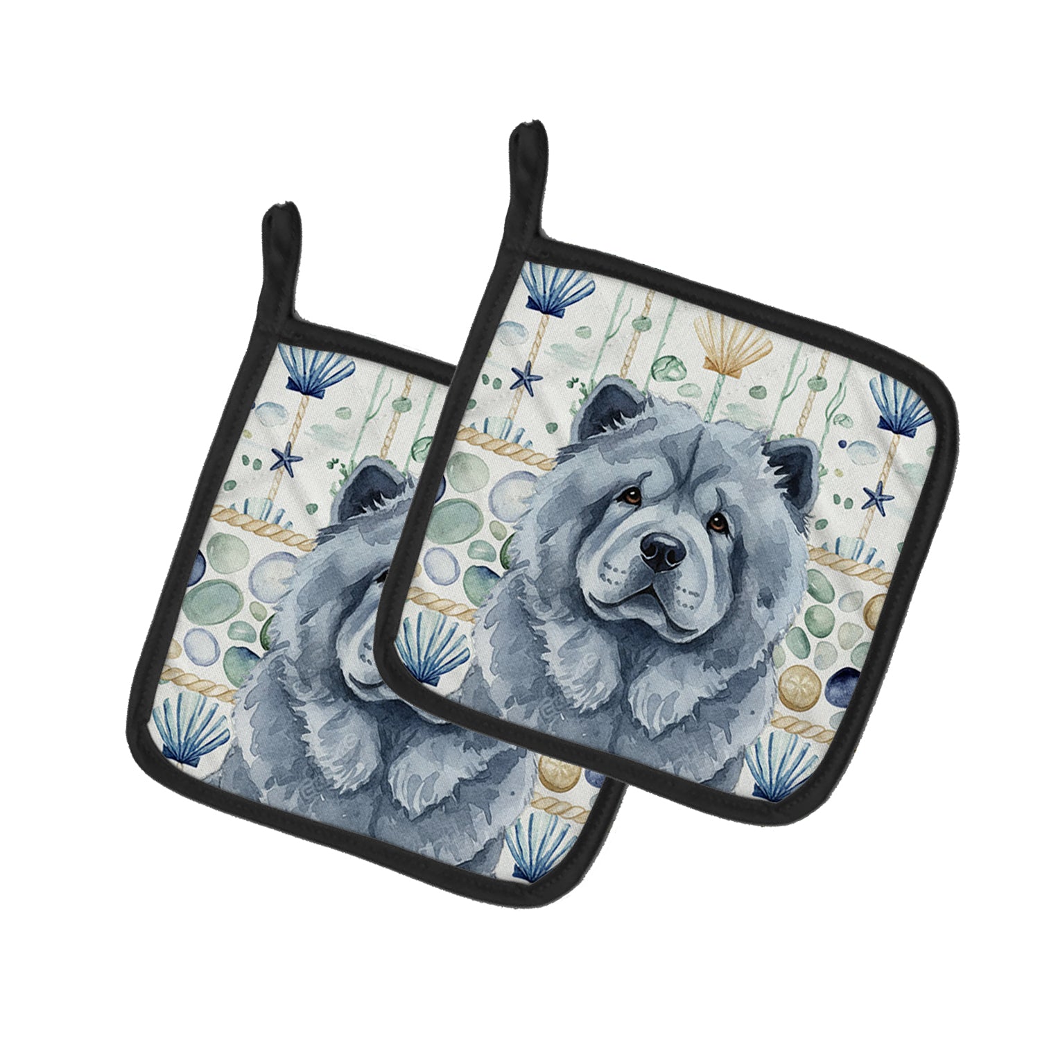 Caroline's Treasures Blue Chow Chow Coastal Sea Glass Pair of Pot Holders