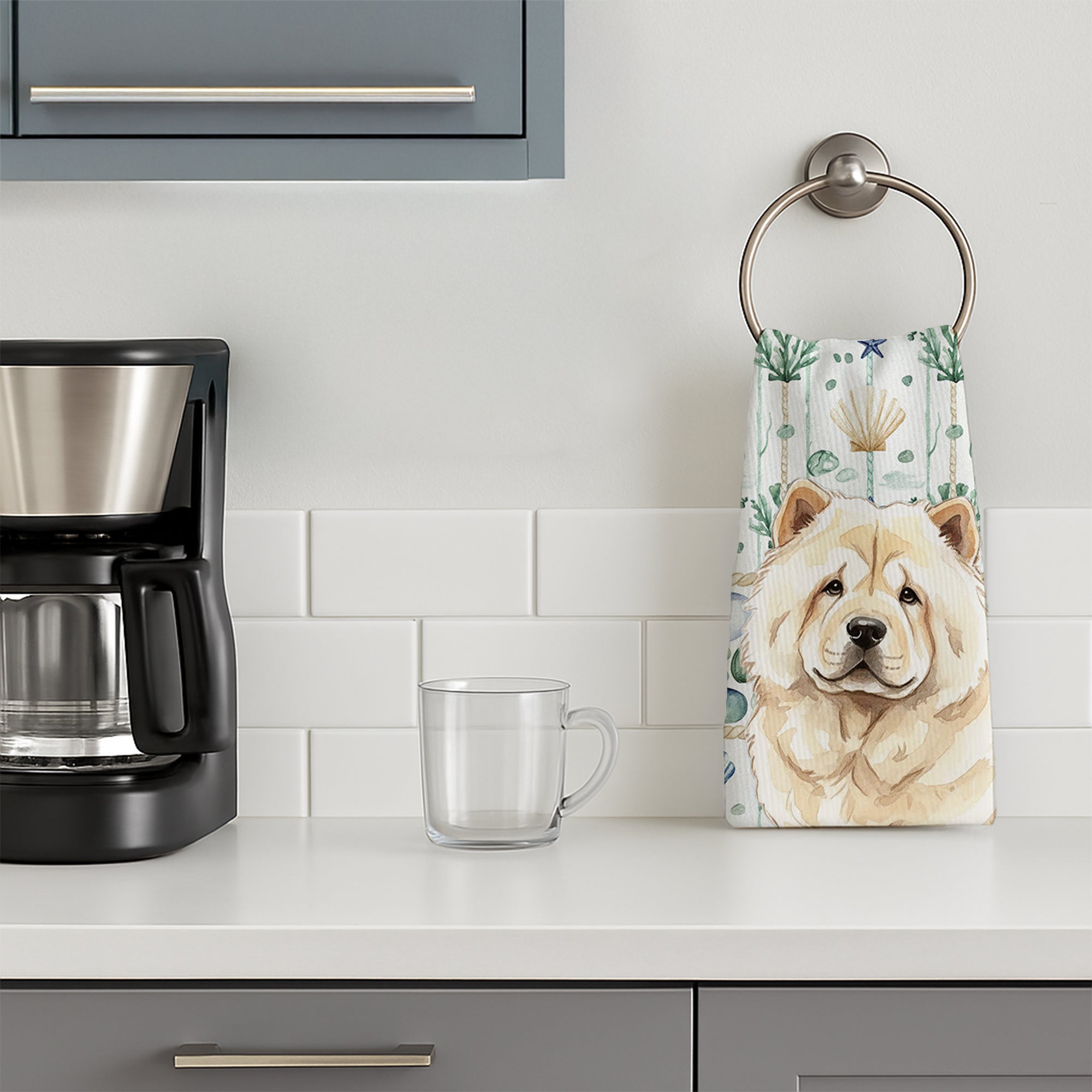 Caroline's Treasures Cream Chow Chow Coastal Sea Glass Kitchen Towel