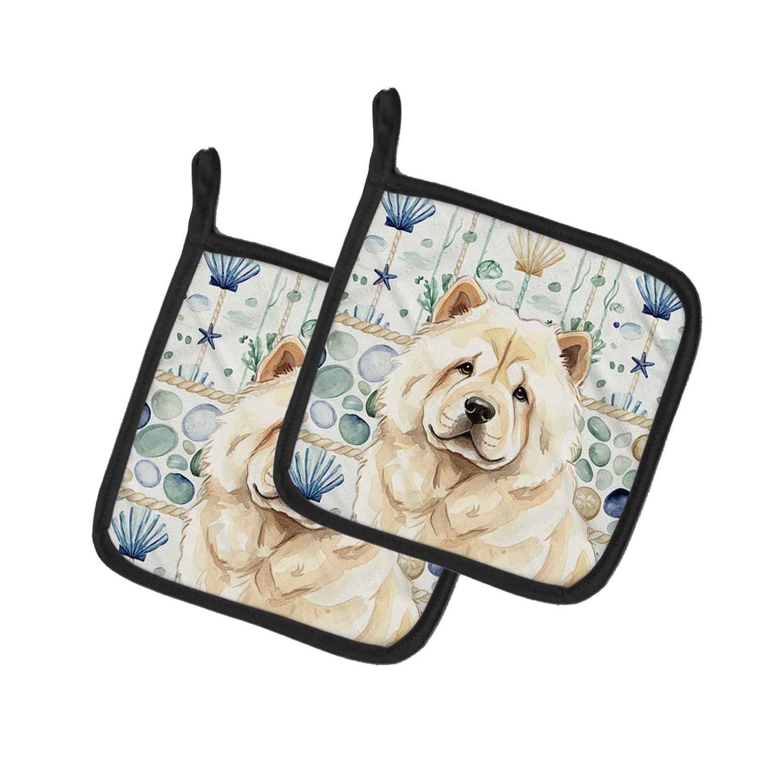 Caroline's Treasures Cream Chow Chow Coastal Sea Glass Pair of Pot Holders