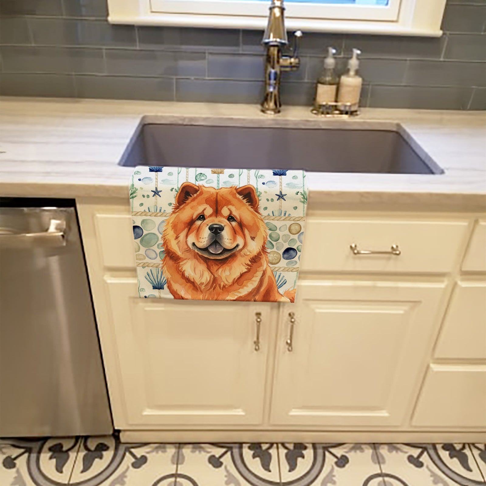 Caroline's Treasures Red Chow Chow Coastal Sea Glass Kitchen Towel