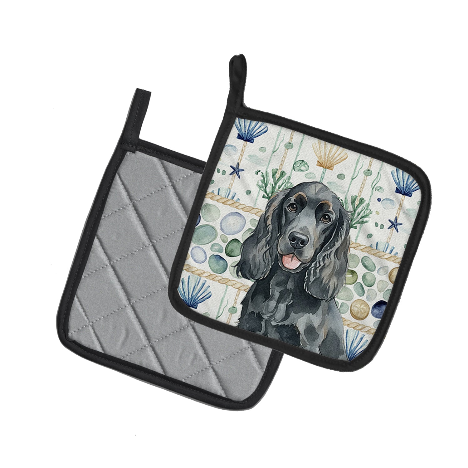Caroline's Treasures Black Cocker Spaniel Coastal Sea Glass Pair of Pot Holders