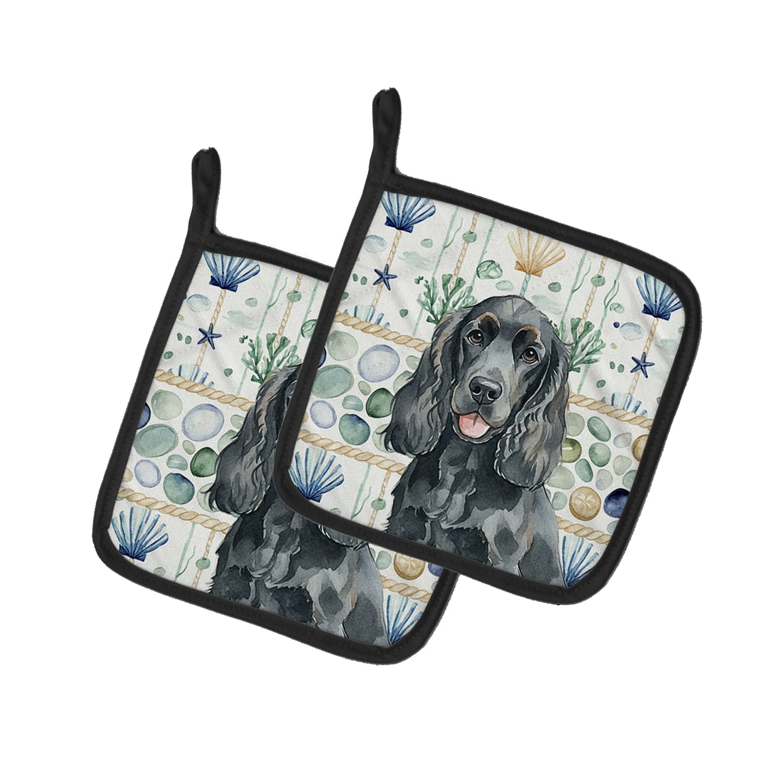 Caroline's Treasures Black Cocker Spaniel Coastal Sea Glass Pair of Pot Holders