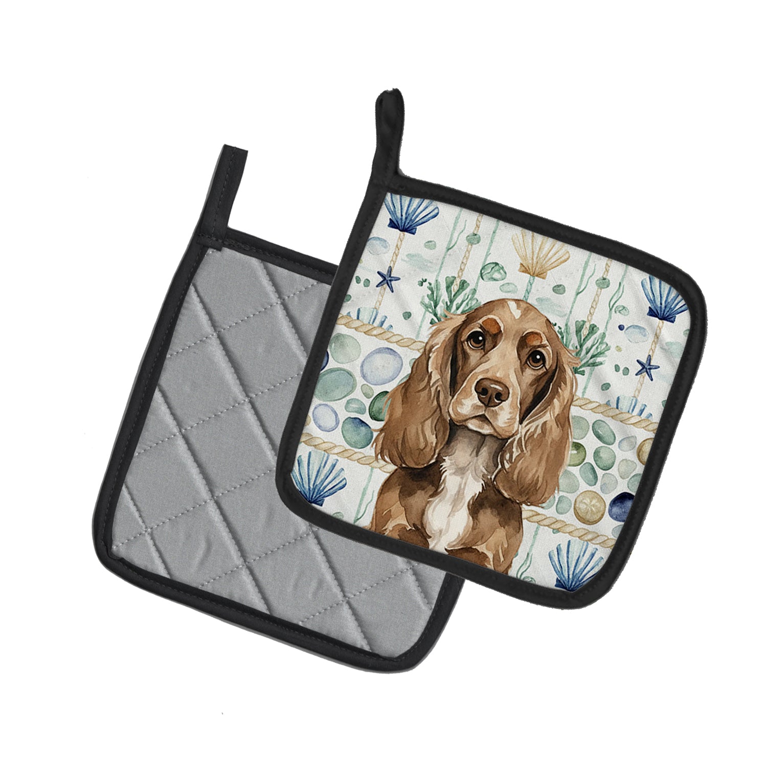 Caroline's Treasures Chocolate Cocker Spaniel Coastal Sea Glass Pair of Pot Holders