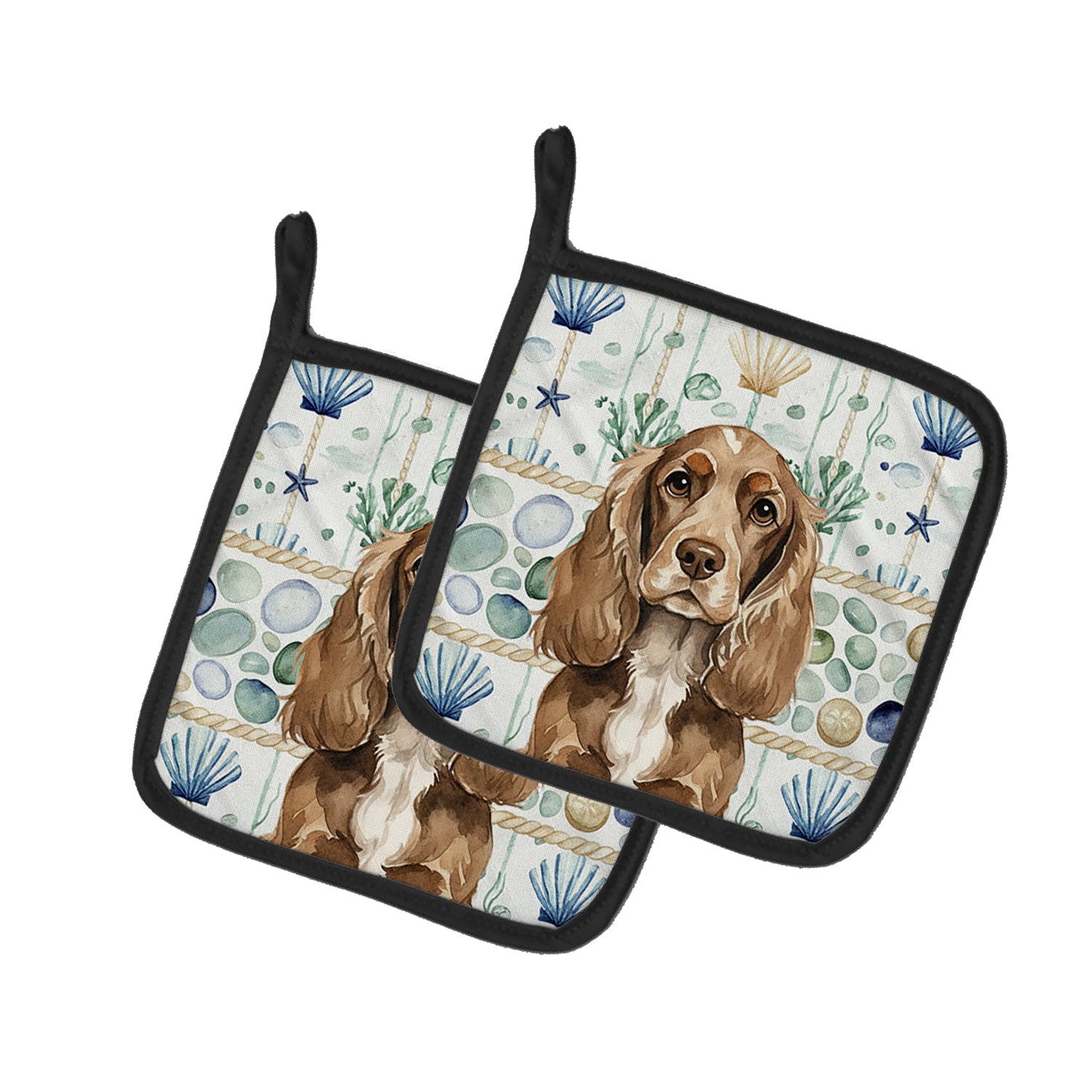 Caroline's Treasures Chocolate Cocker Spaniel Coastal Sea Glass Pair of Pot Holders