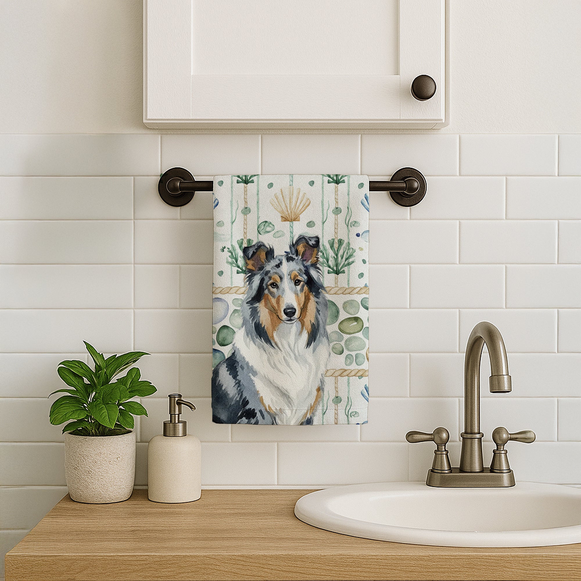 Caroline's Treasures Blue Merle Collie Coastal Sea Glass Kitchen Towel
