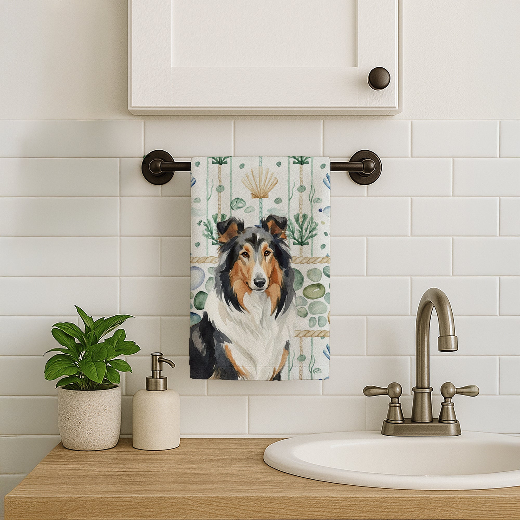 Caroline's Treasures Tricolor Collie Coastal Sea Glass Kitchen Towel