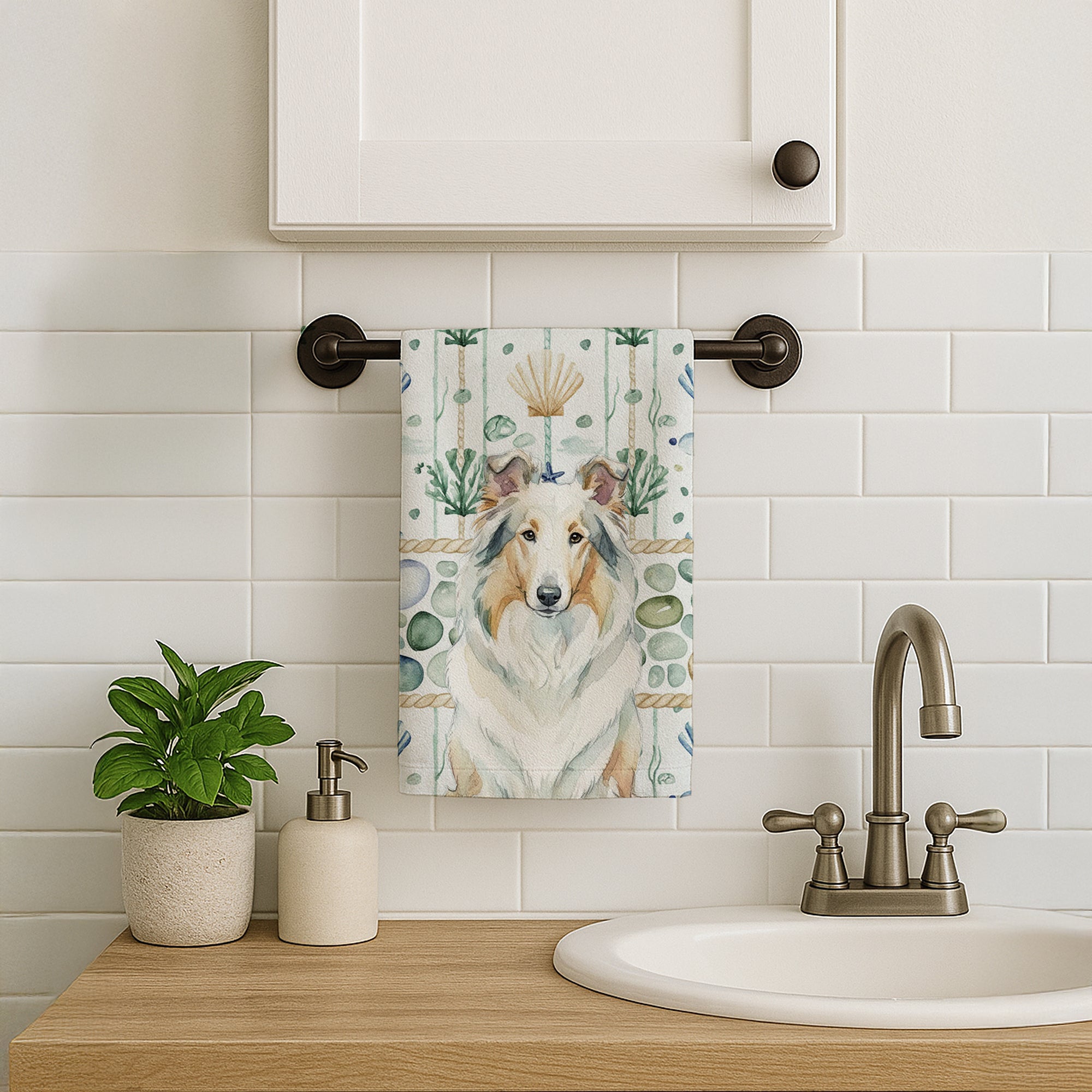 Caroline's Treasures White Collie Coastal Sea Glass Kitchen Towel