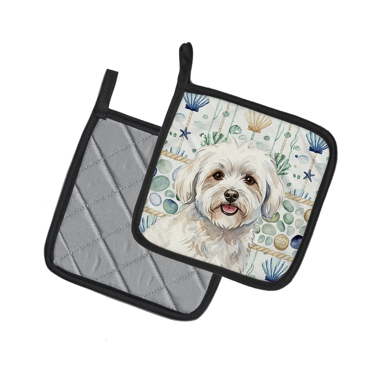 Caroline's Treasures Coton de Tulear Coastal Sea Glass Pair of Pot Holders