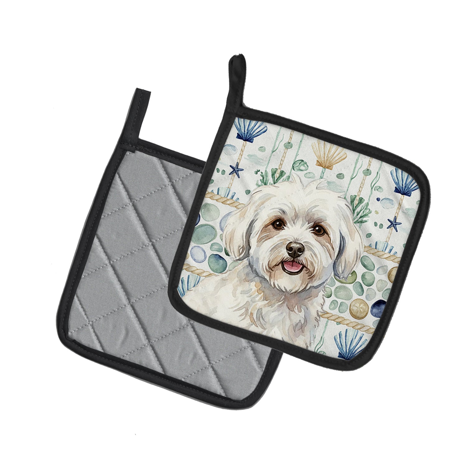 Caroline's Treasures Coton de Tulear Coastal Sea Glass Pair of Pot Holders