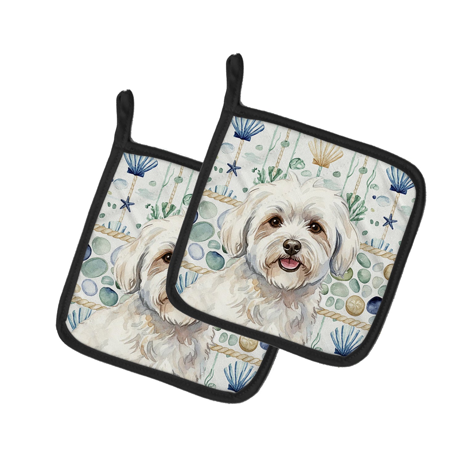Caroline's Treasures Coton de Tulear Coastal Sea Glass Pair of Pot Holders