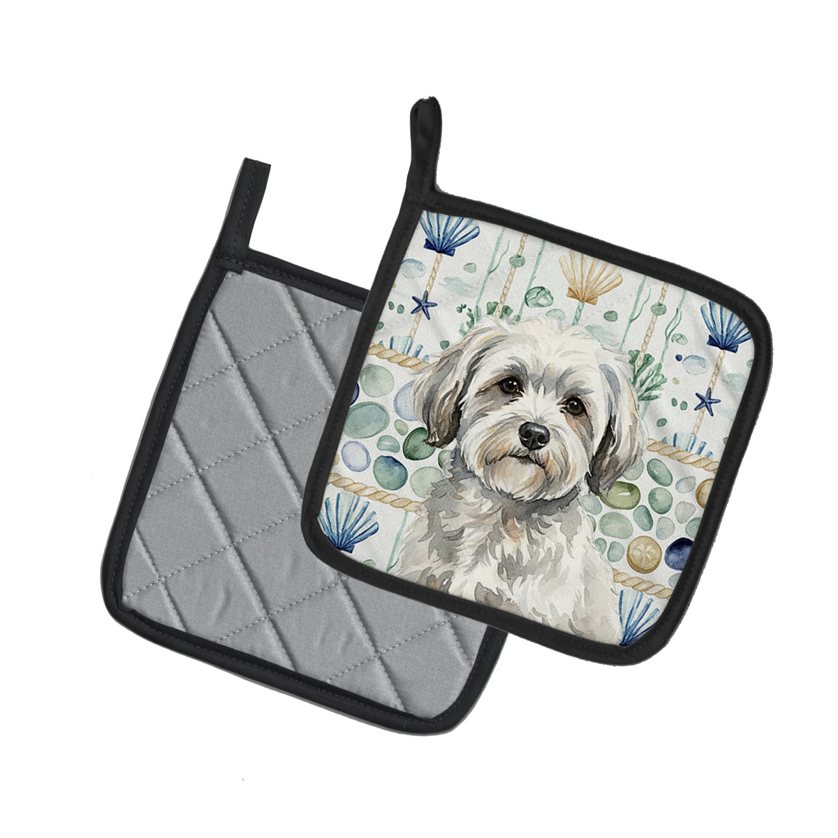 Caroline's Treasures White with Gray Coton de Tulear Coastal Sea Glass Pair of Pot Holders
