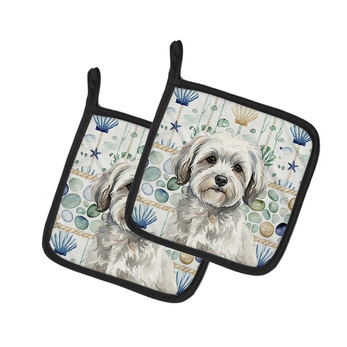 Caroline's Treasures White with Gray Coton de Tulear Coastal Sea Glass Pair of Pot Holders