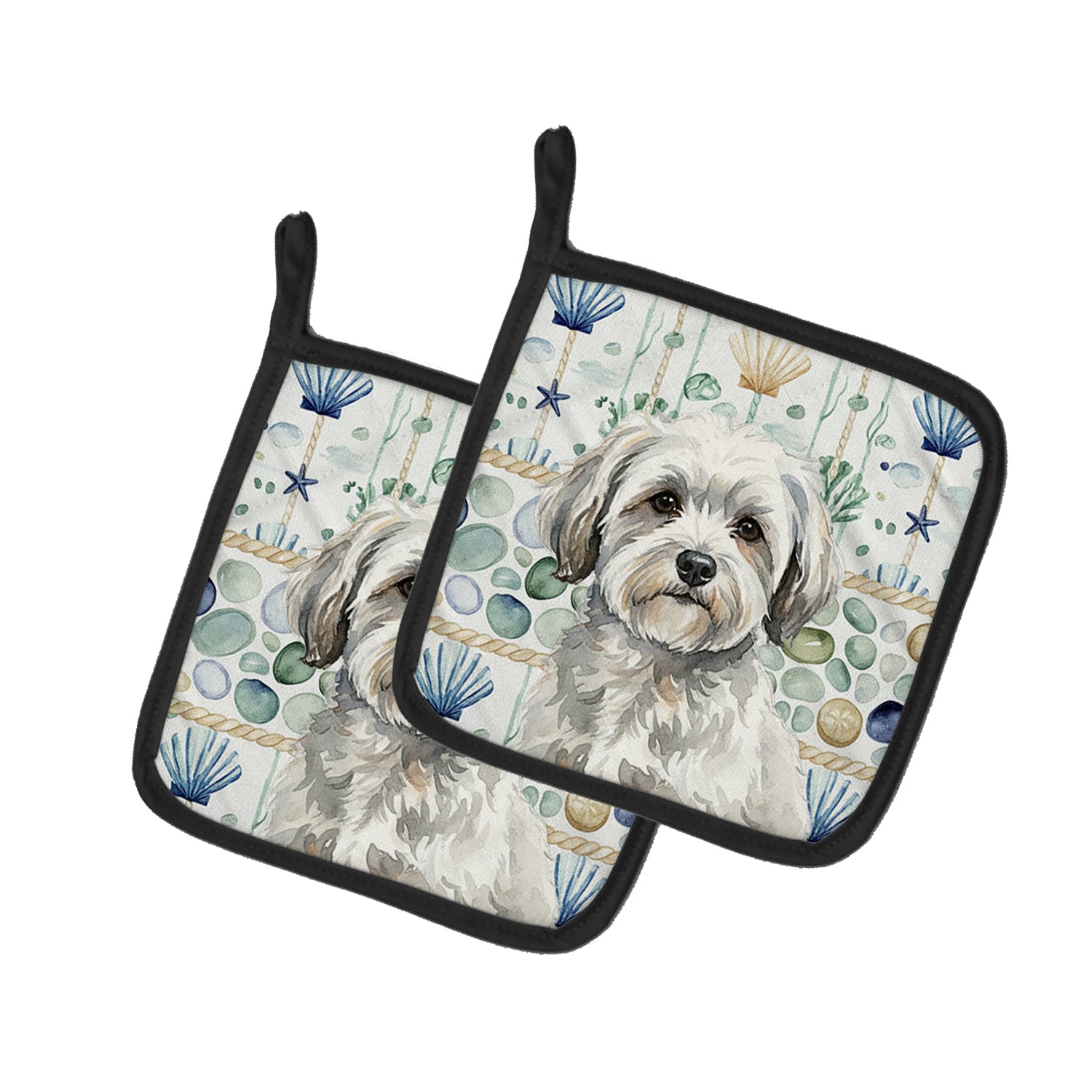 Caroline's Treasures White with Gray Coton de Tulear Coastal Sea Glass Pair of Pot Holders