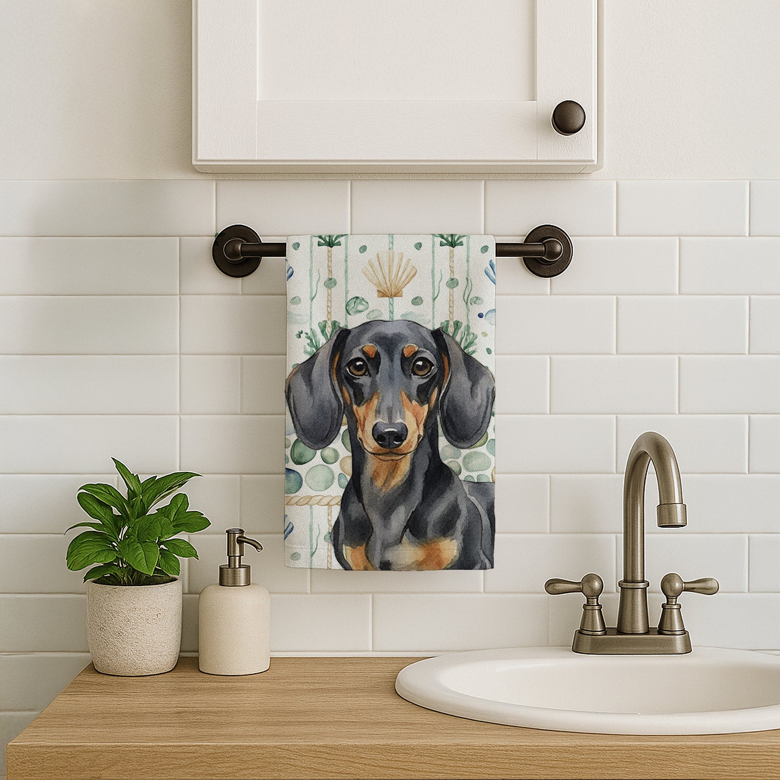 Caroline's Treasures Black and Tan Dachshund Coastal Sea Glass Kitchen Towel