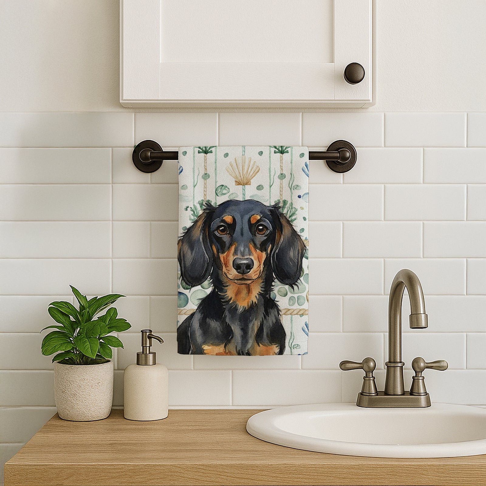 Caroline's Treasures Longhaired Black and Tan Dachshund Coastal Sea Glass Kitchen Towel