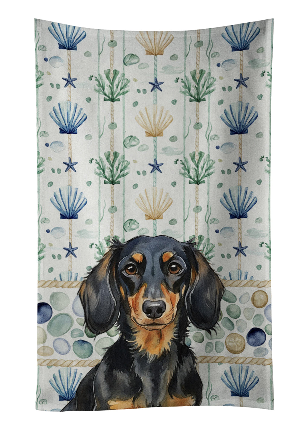 Caroline's Treasures Longhaired Black and Tan Dachshund Coastal Sea Glass Kitchen Towel