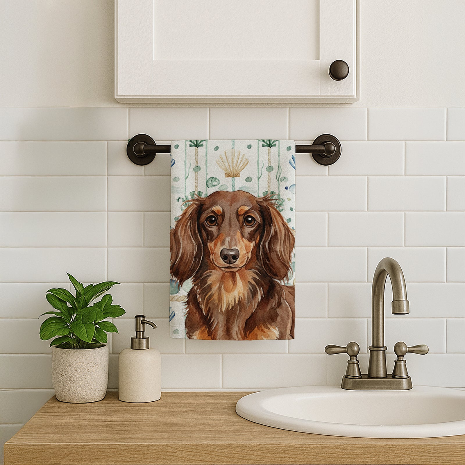 Caroline's Treasures Longhaired Chocolate and Tan Dachshund Coastal Sea Glass Kitchen Towel