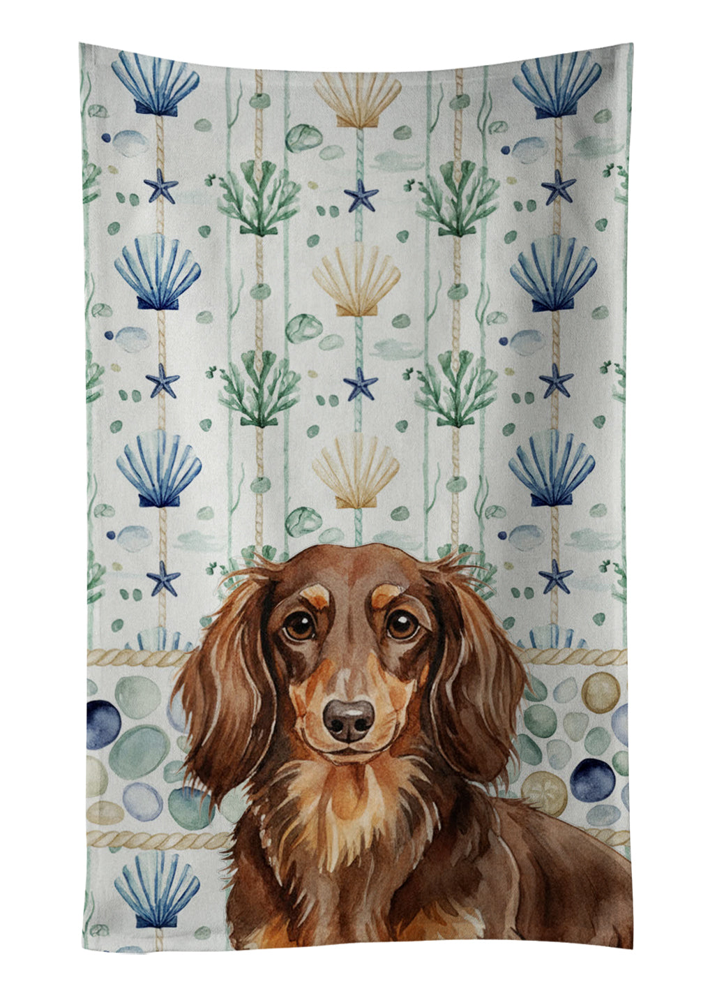 Caroline's Treasures Longhaired Chocolate and Tan Dachshund Coastal Sea Glass Kitchen Towel