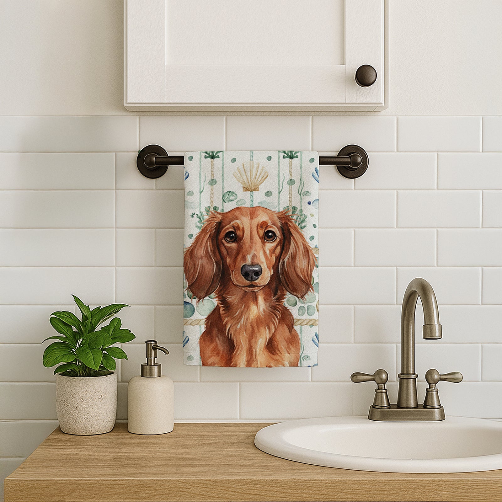 Caroline's Treasures Longhaired Red Dachshund Coastal Sea Glass Kitchen Towel