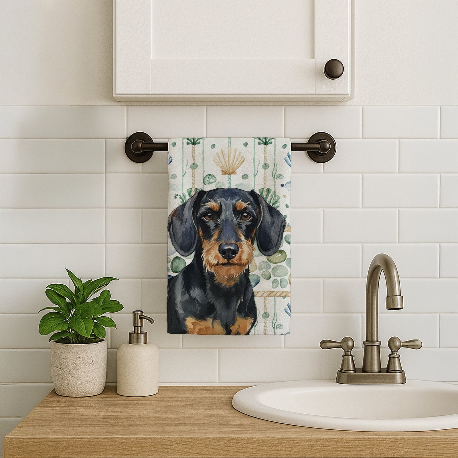 Caroline's Treasures Wirehaired Black and Tan Dachshund Coastal Sea Glass Kitchen Towel