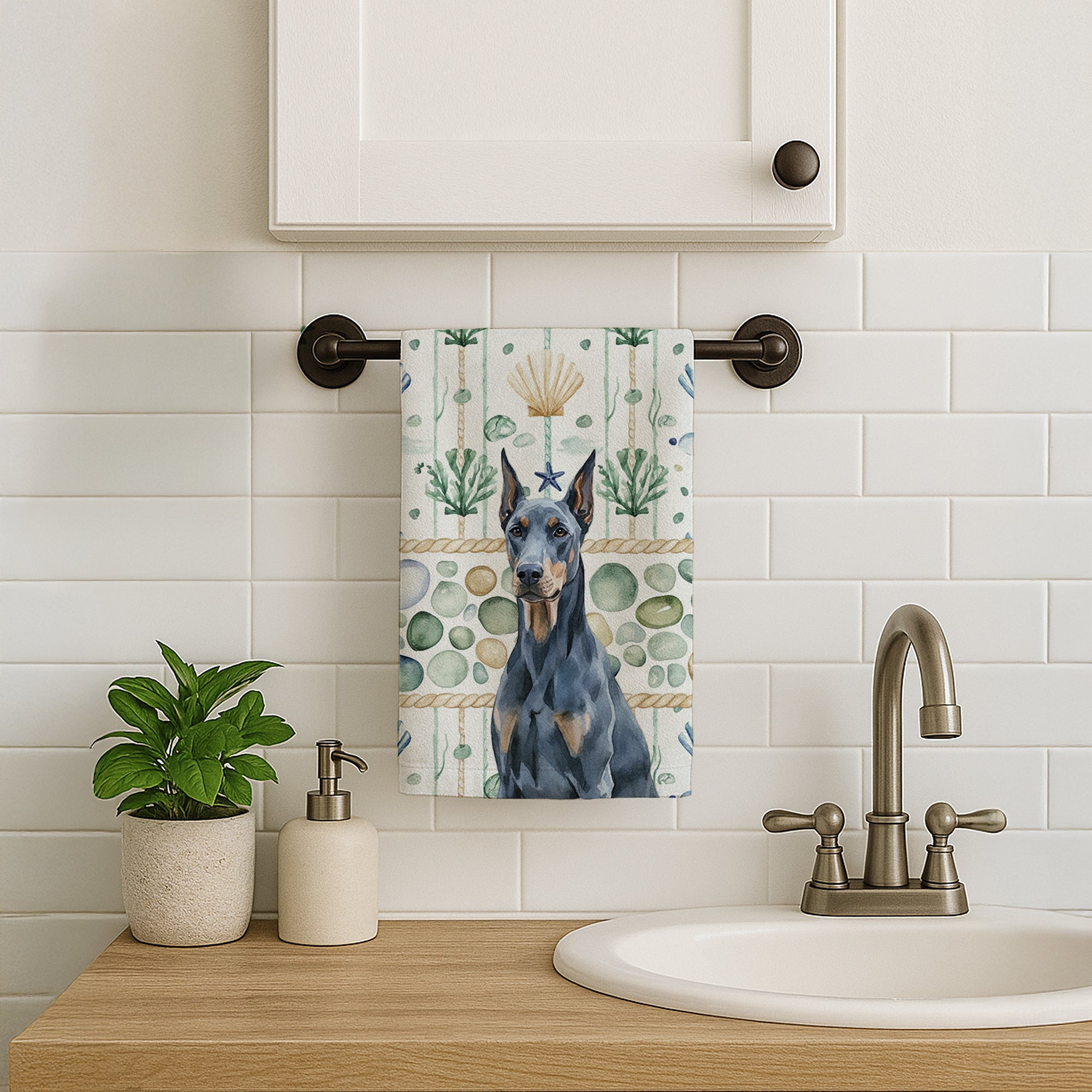 Caroline's Treasures Blue Doberman Pinscher Coastal Sea Glass Kitchen Towel