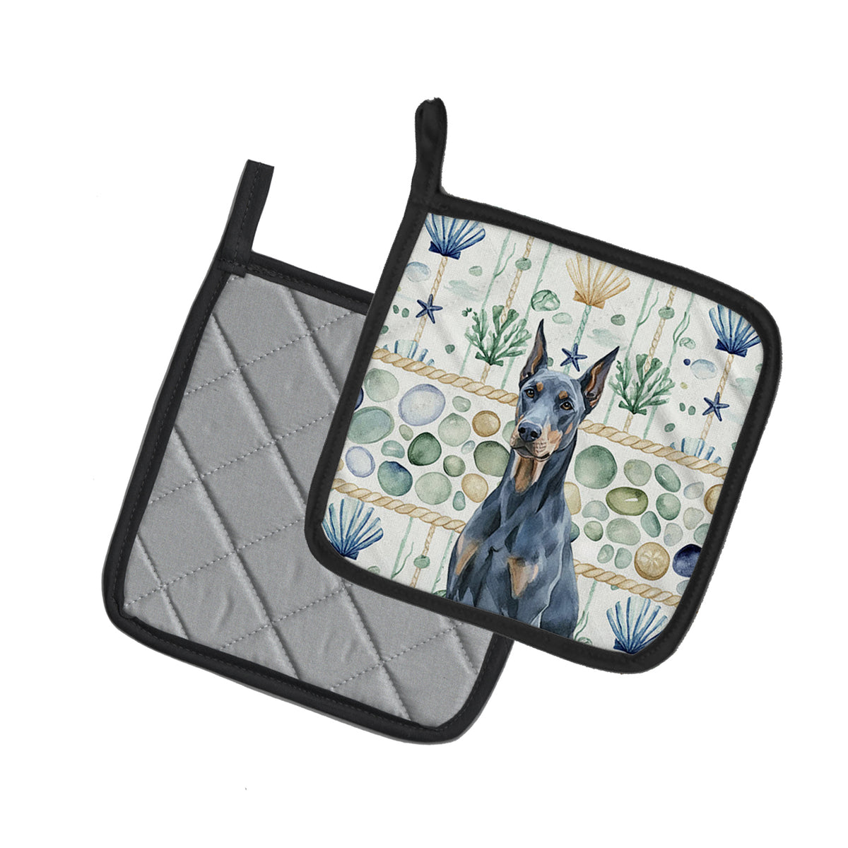 Caroline's Treasures Blue Doberman Pinscher Coastal Sea Glass Pair of Pot Holders