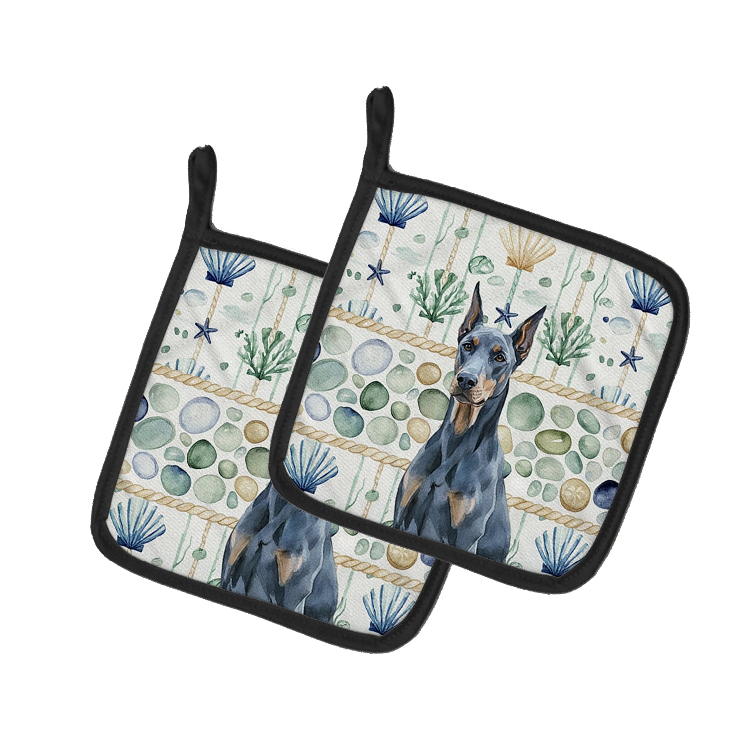 Caroline's Treasures Blue Doberman Pinscher Coastal Sea Glass Pair of Pot Holders