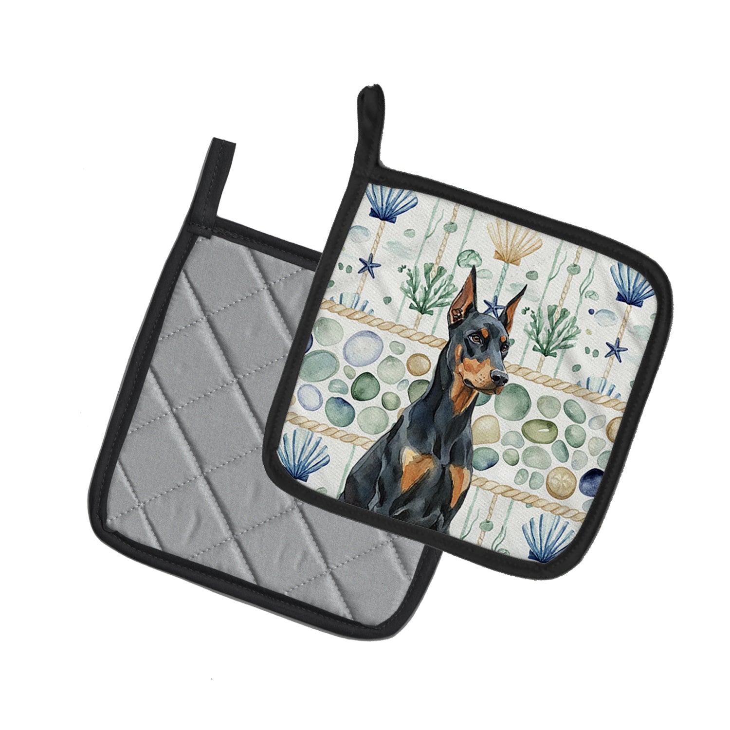 Caroline's Treasures Doberman Pinscher Coastal Sea Glass Pair of Pot Holders
