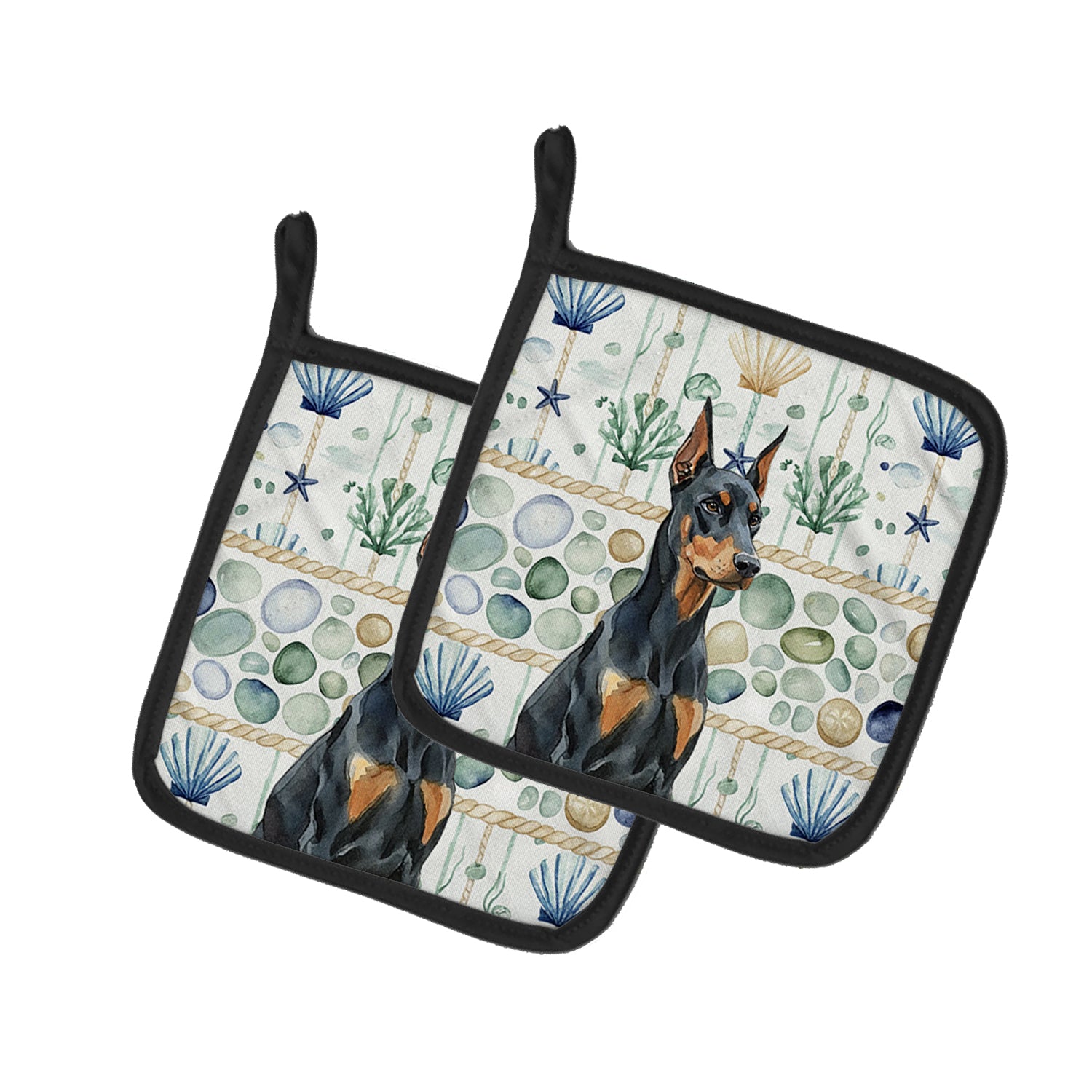 Caroline's Treasures Doberman Pinscher Coastal Sea Glass Pair of Pot Holders