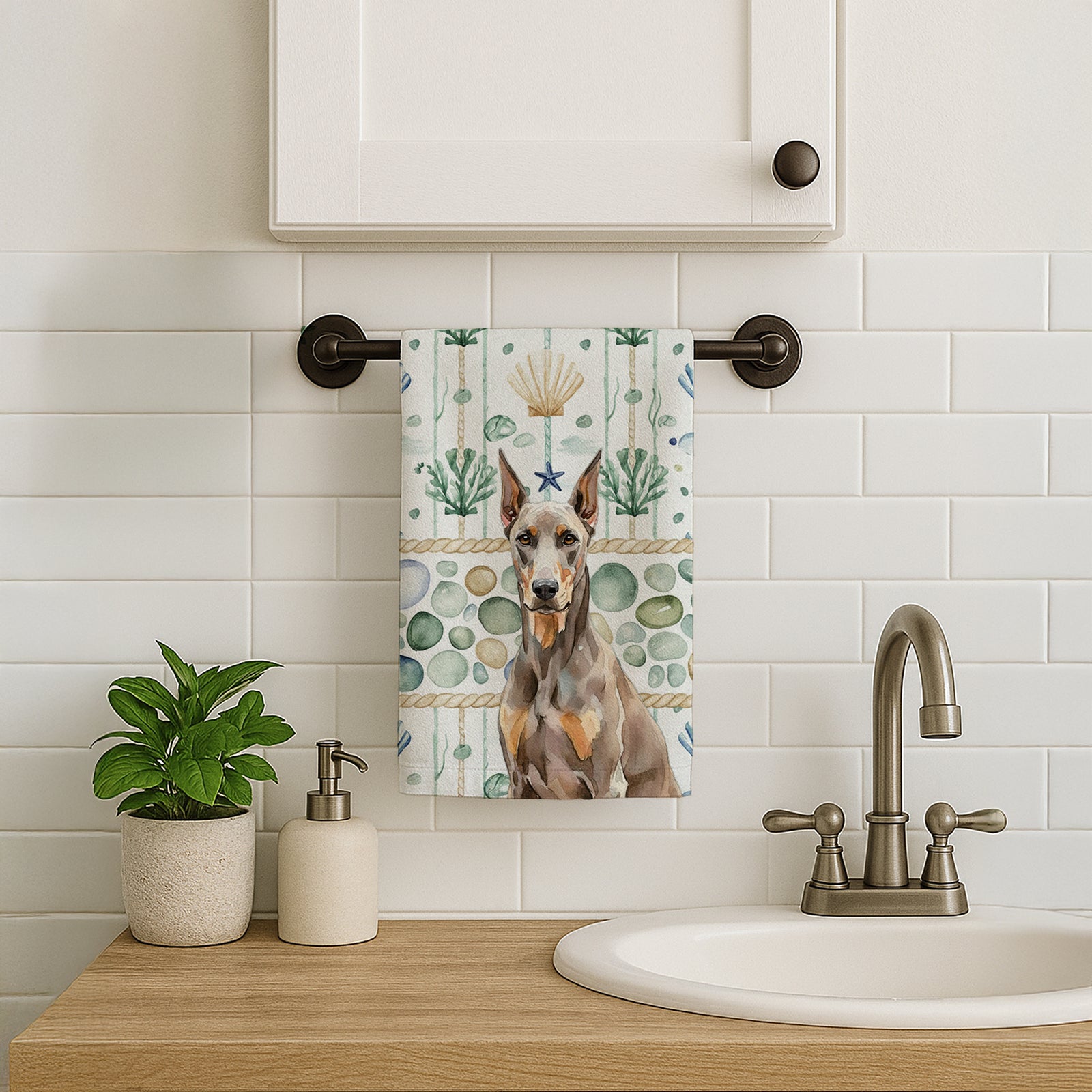 Caroline's Treasures Fawn Doberman Pinscher Coastal Sea Glass Kitchen Towel