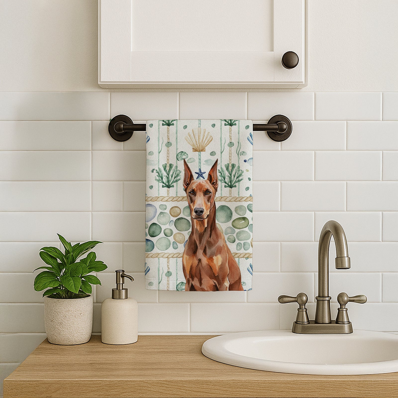 Caroline's Treasures Red Doberman Pinscher Coastal Sea Glass Kitchen Towel