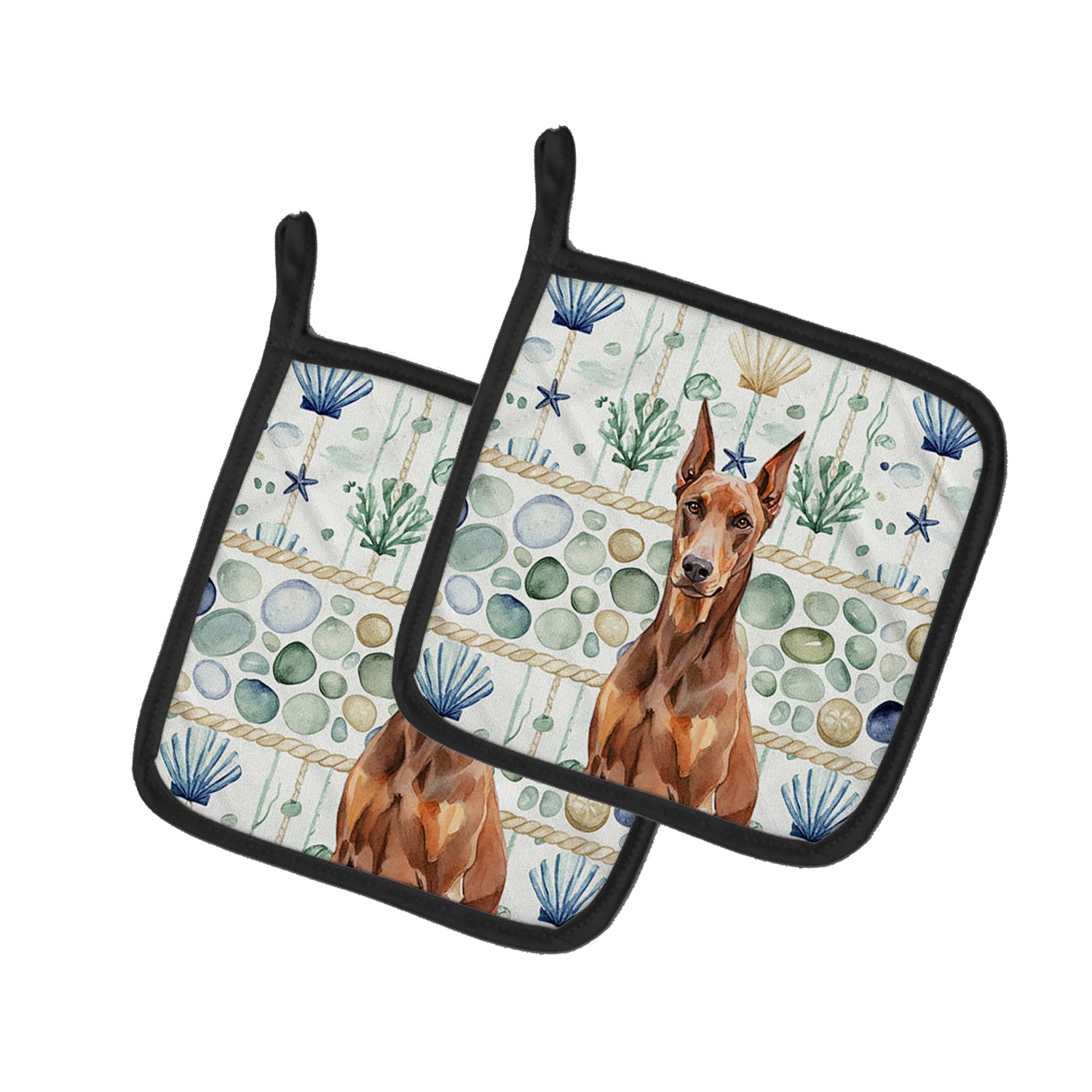 Caroline's Treasures Red Doberman Pinscher Coastal Sea Glass Pair of Pot Holders