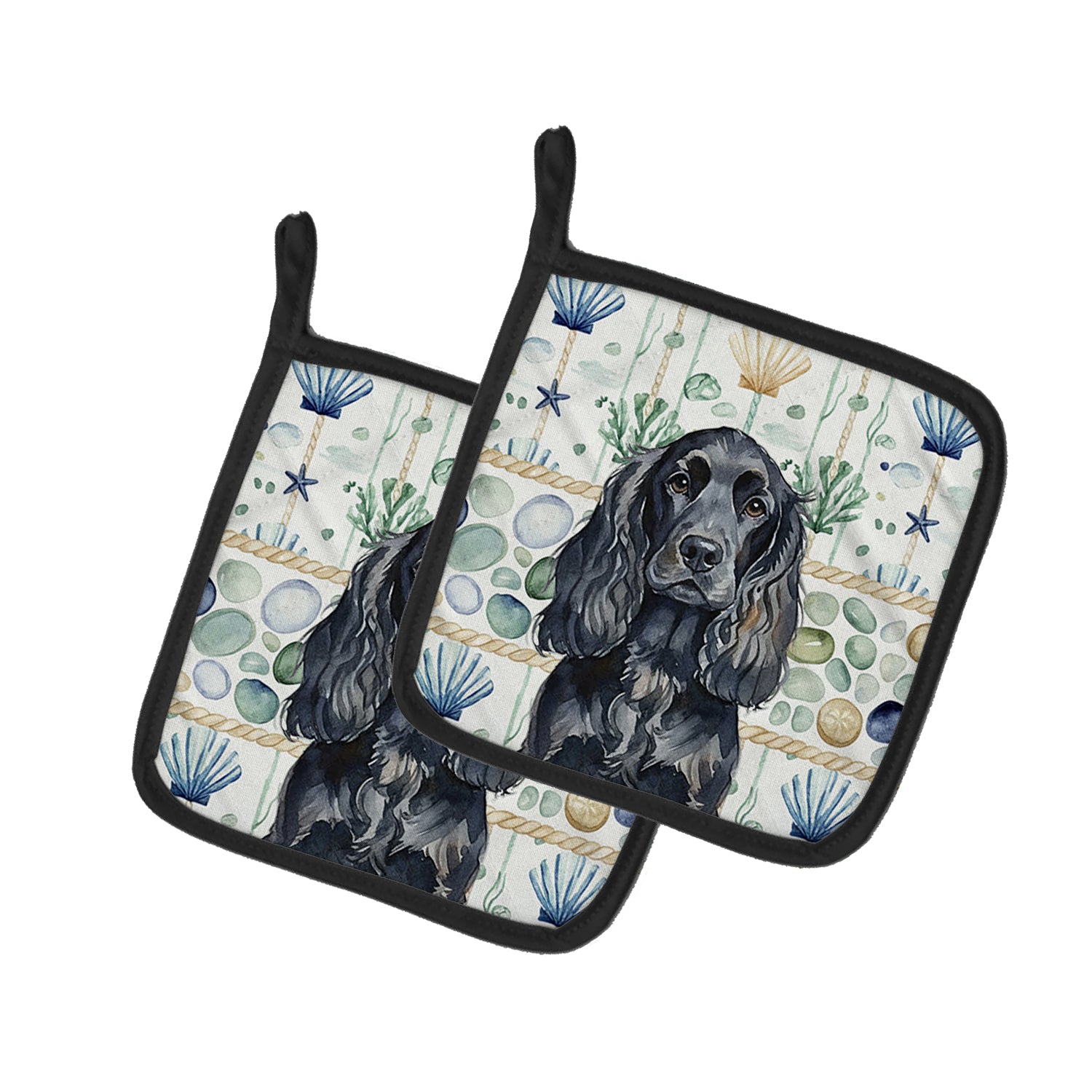 Caroline's Treasures Black English Cocker Spaniel Coastal Sea Glass Pair of Pot Holders