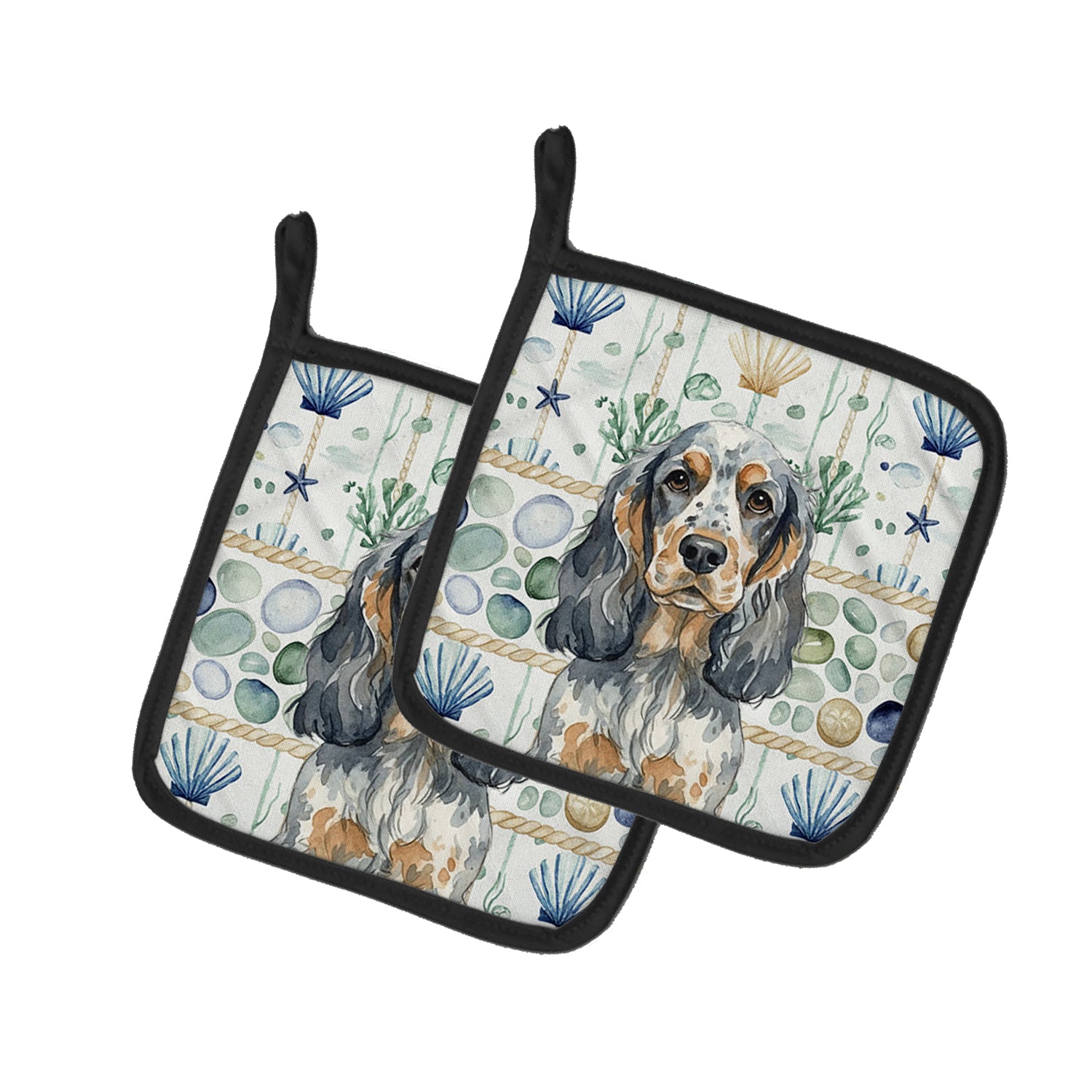 Caroline's Treasures Blue Roan & Tan English Cocker Spaniel Coastal Sea Glass Pair of Pot Holders