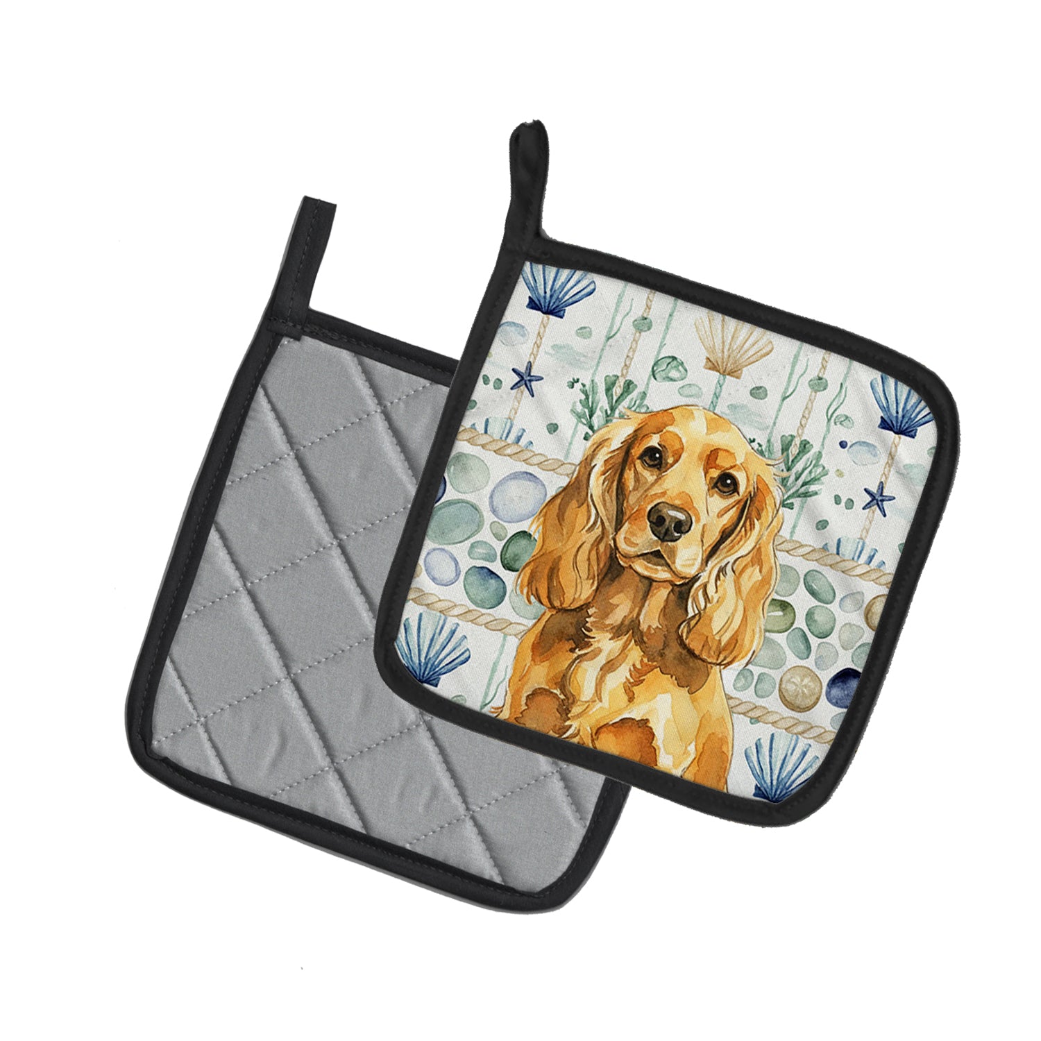 Caroline's Treasures Golden English Cocker Spaniel Coastal Sea Glass Pair of Pot Holders