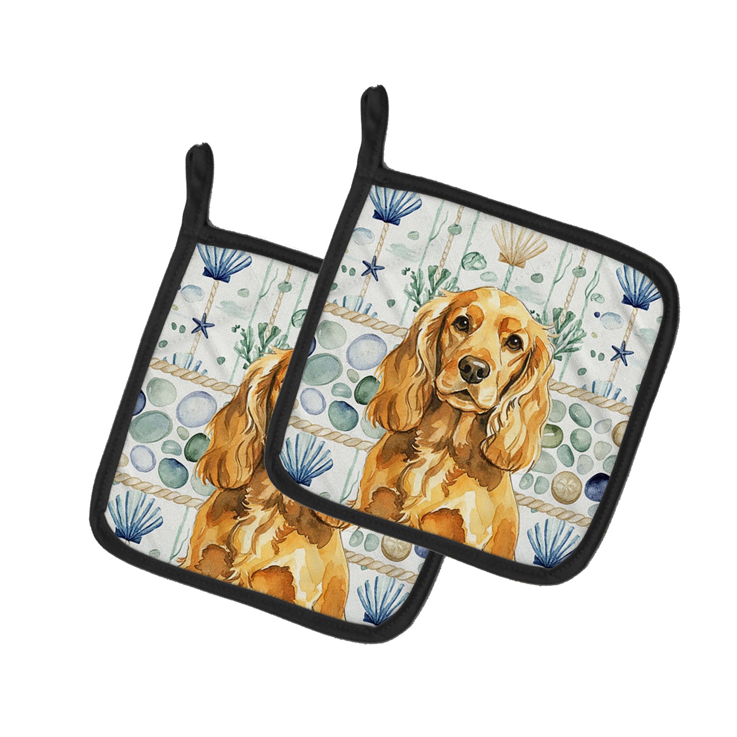 Caroline's Treasures Golden English Cocker Spaniel Coastal Sea Glass Pair of Pot Holders
