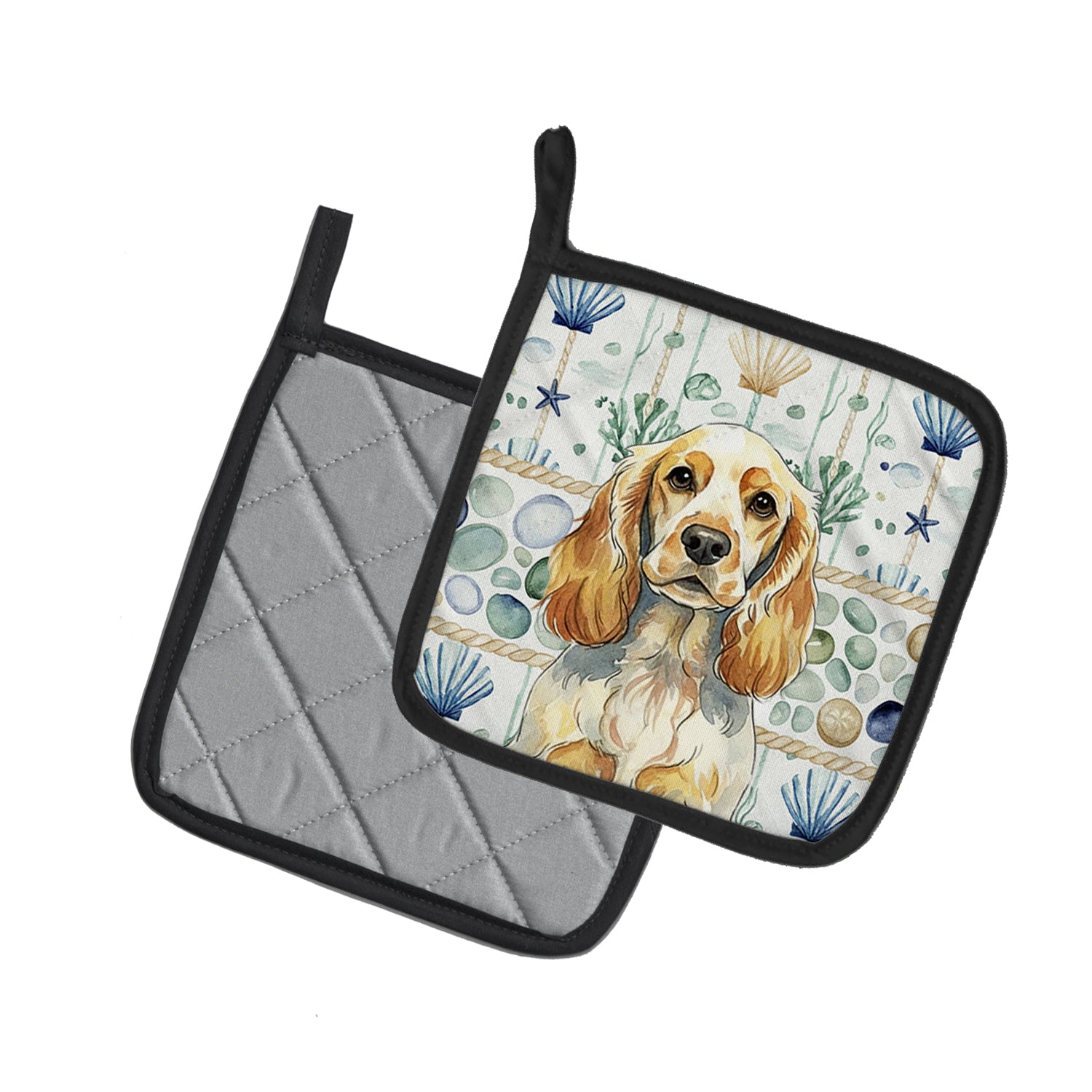 Caroline's Treasures Lemon Roan English Cocker Spaniel Coastal Sea Glass Pair of Pot Holders